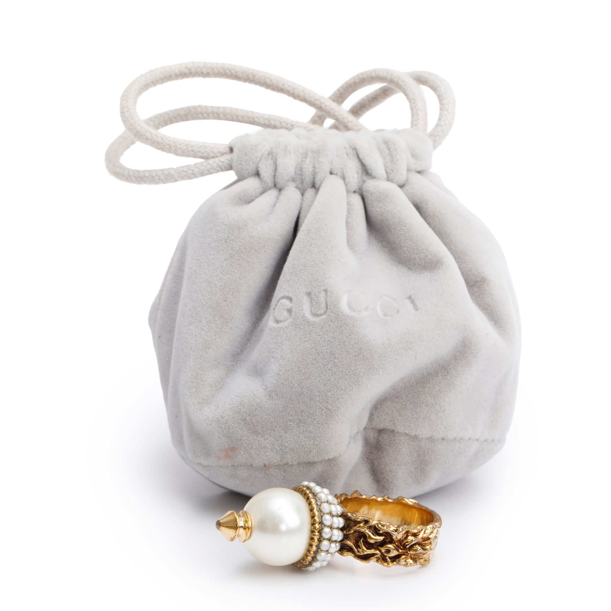 Gucci Gold Tone Metal Faux Pearl Ring, Size 13 6.5