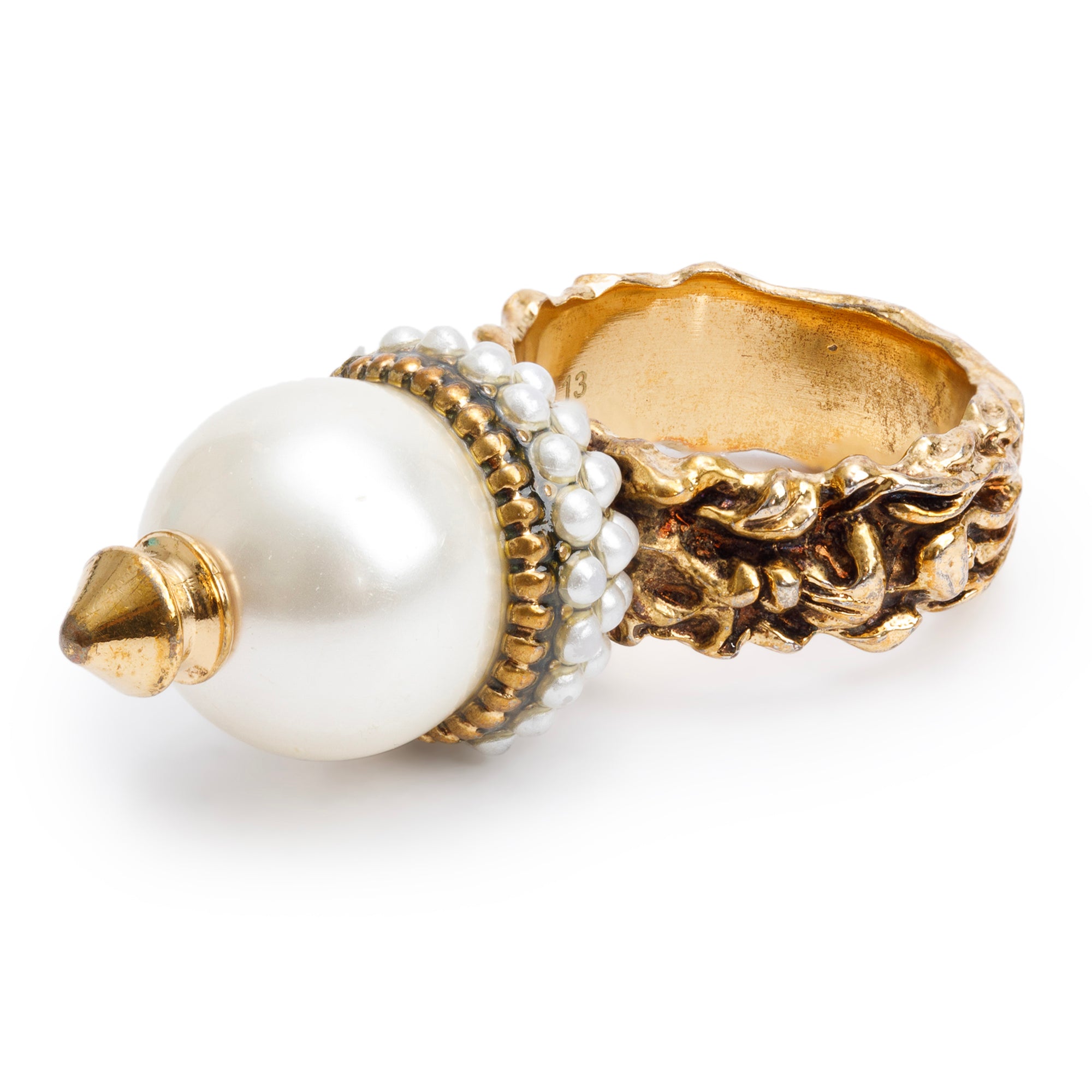 Gucci Gold Tone Metal Faux Pearl Ring, Size 13 6.5