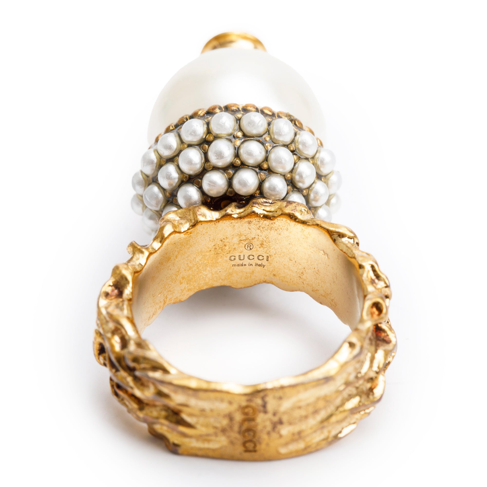 Gucci Gold Tone Metal Faux Pearl Ring, Size 13 6.5