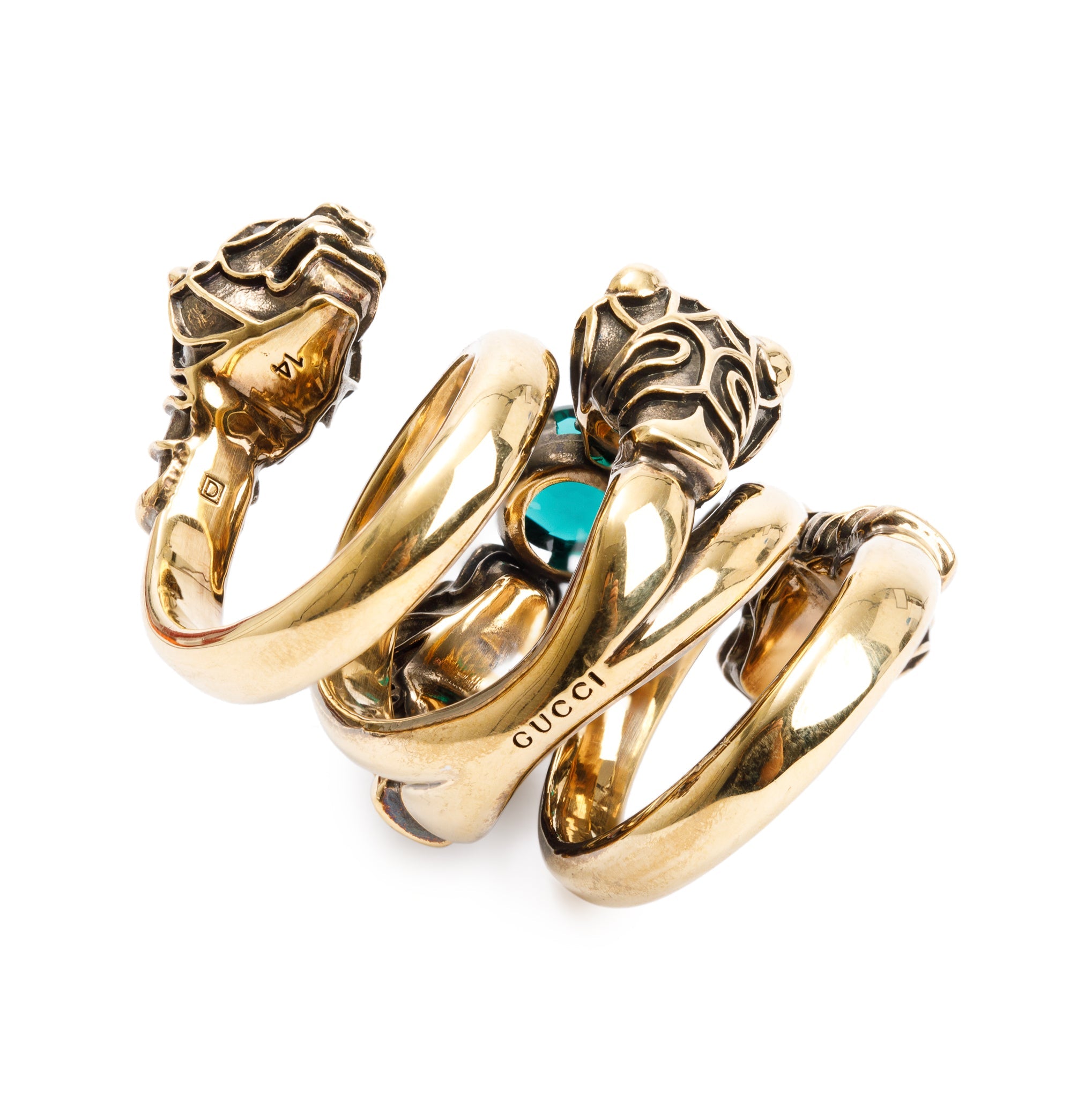 Gucci Gold-Tone Metal Green Crystal Double Tiger Head Wrap Ring, Size 7