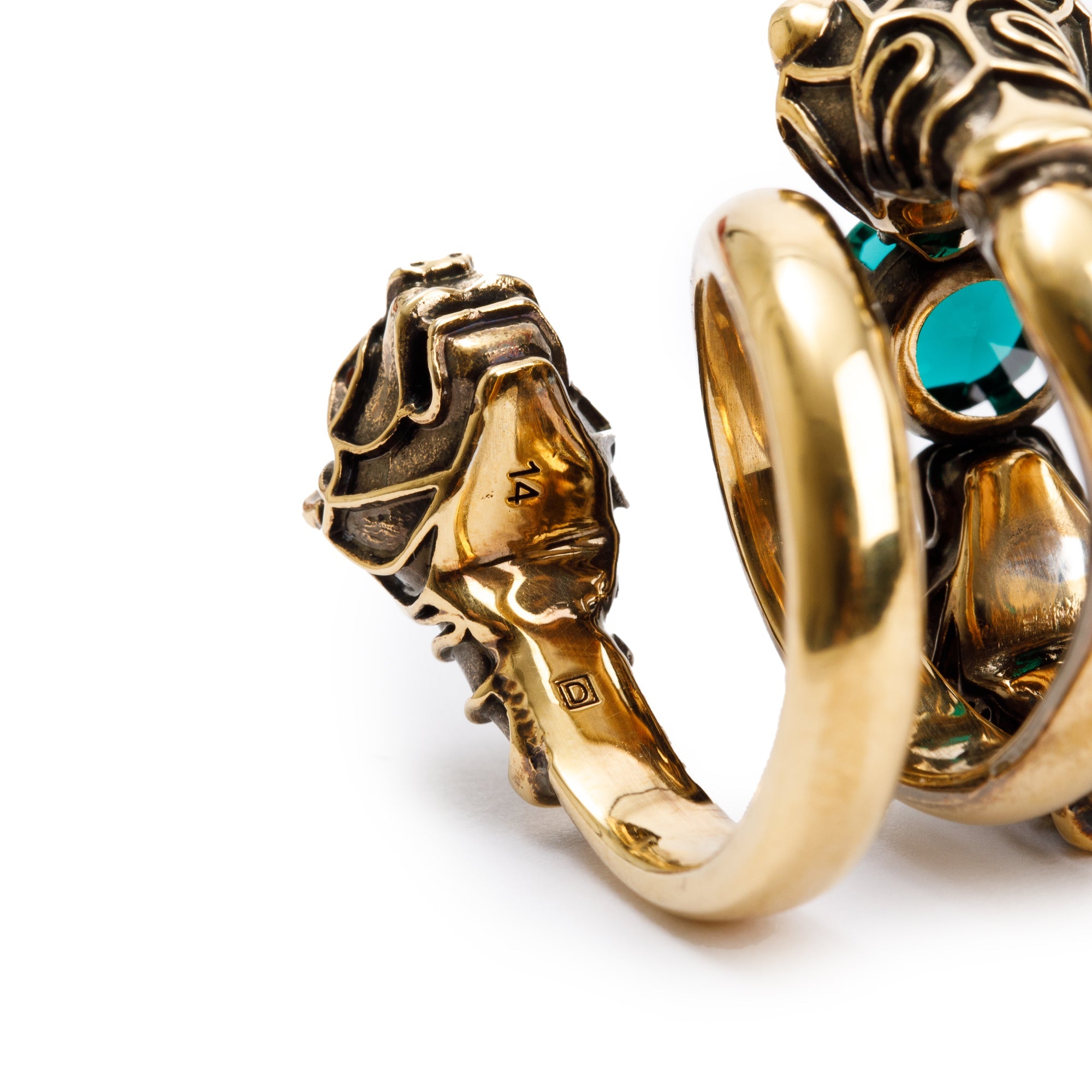 Gucci Gold-Tone Metal Green Crystal Double Tiger Head Wrap Ring, Size 7