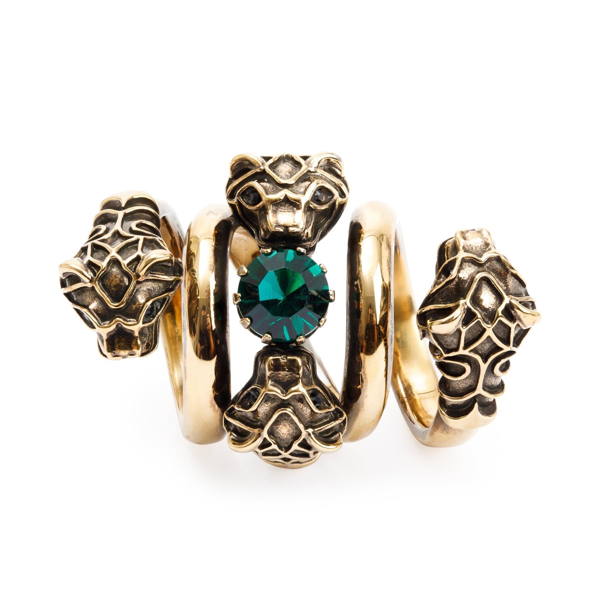 Gucci Gold-Tone Metal Green Crystal Double Tiger Head Wrap Ring, Size 7
