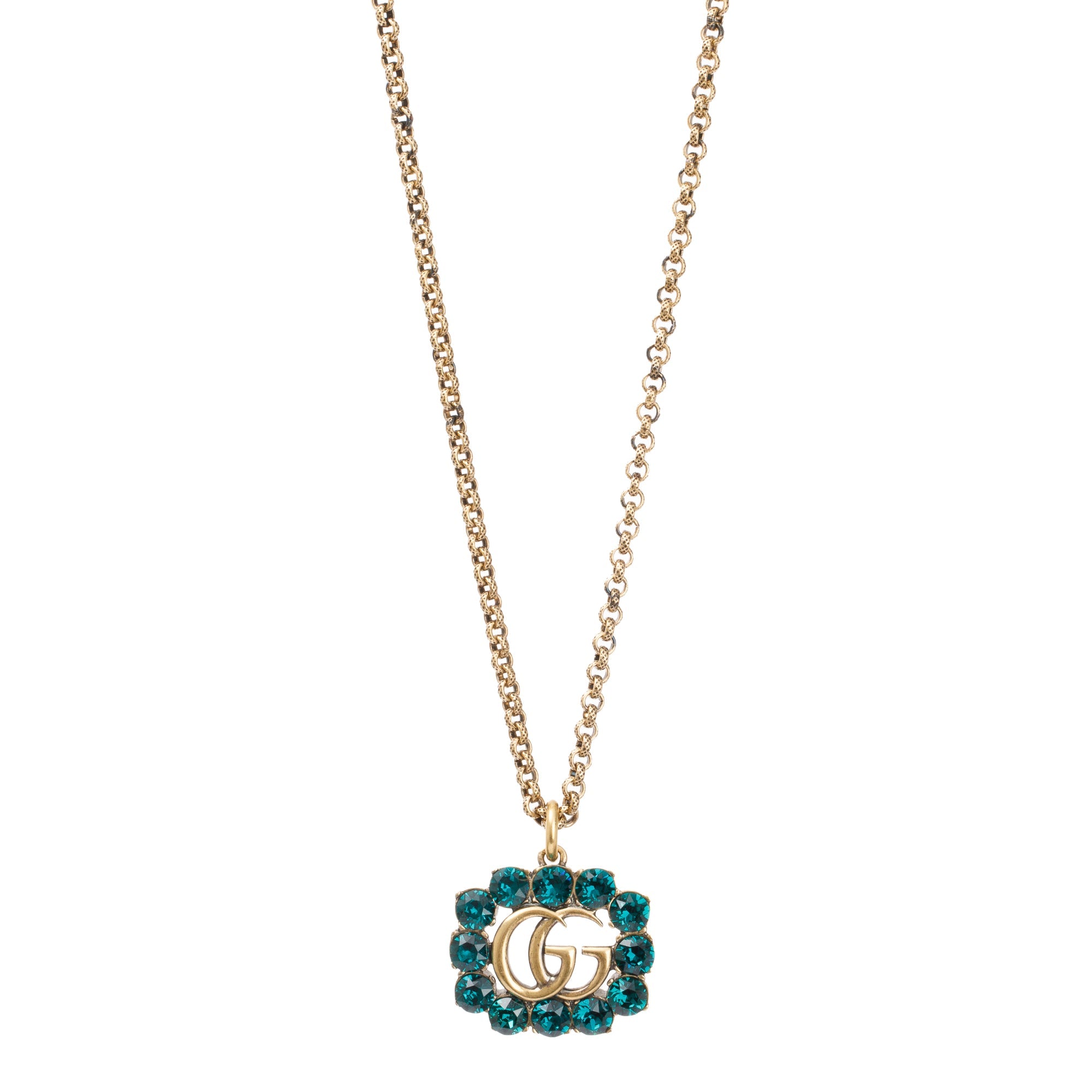 Gucci Gold-Tone Metal Green Crystal GG Pendant Necklace