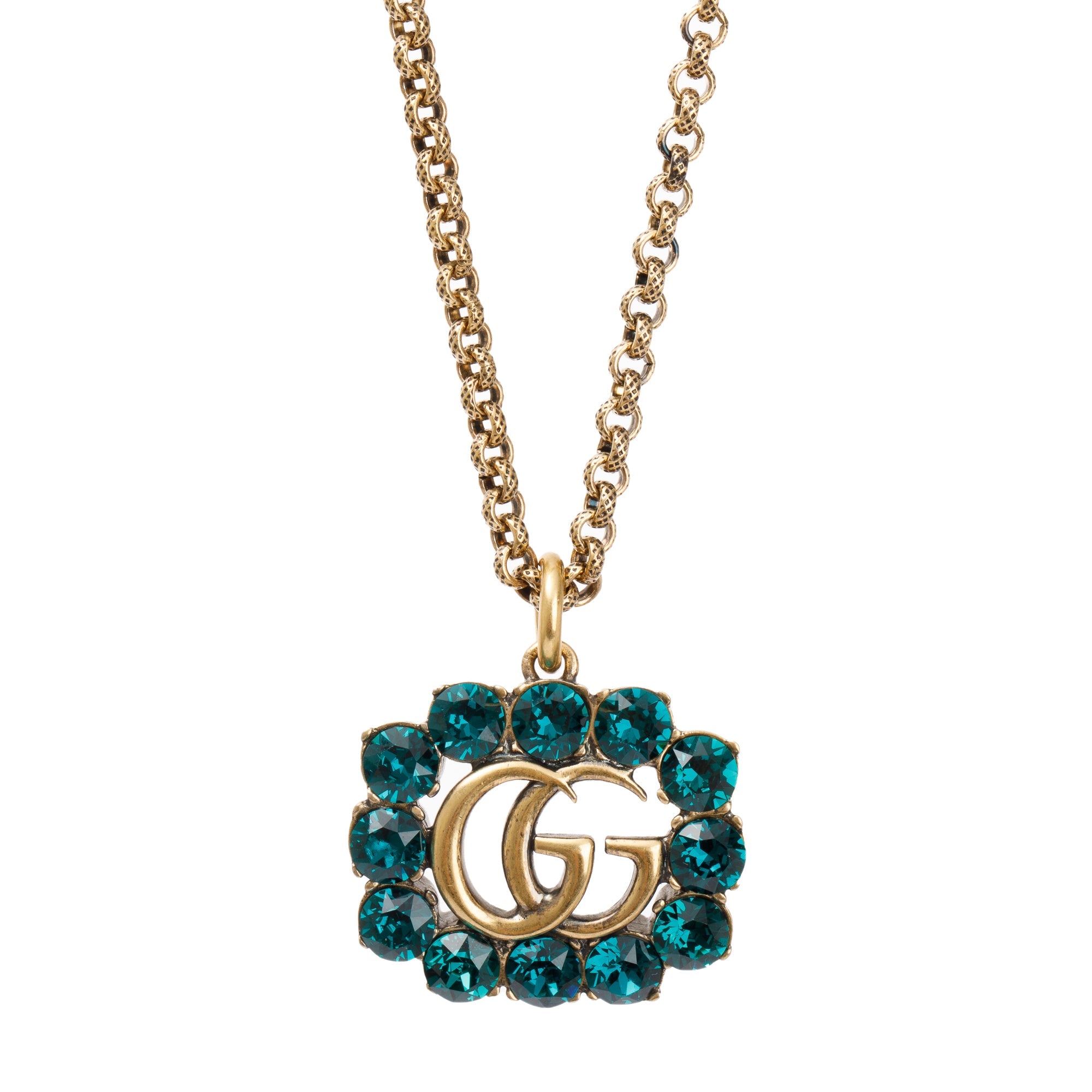 Gucci Gold-Tone Metal Green Crystal GG Pendant Necklace