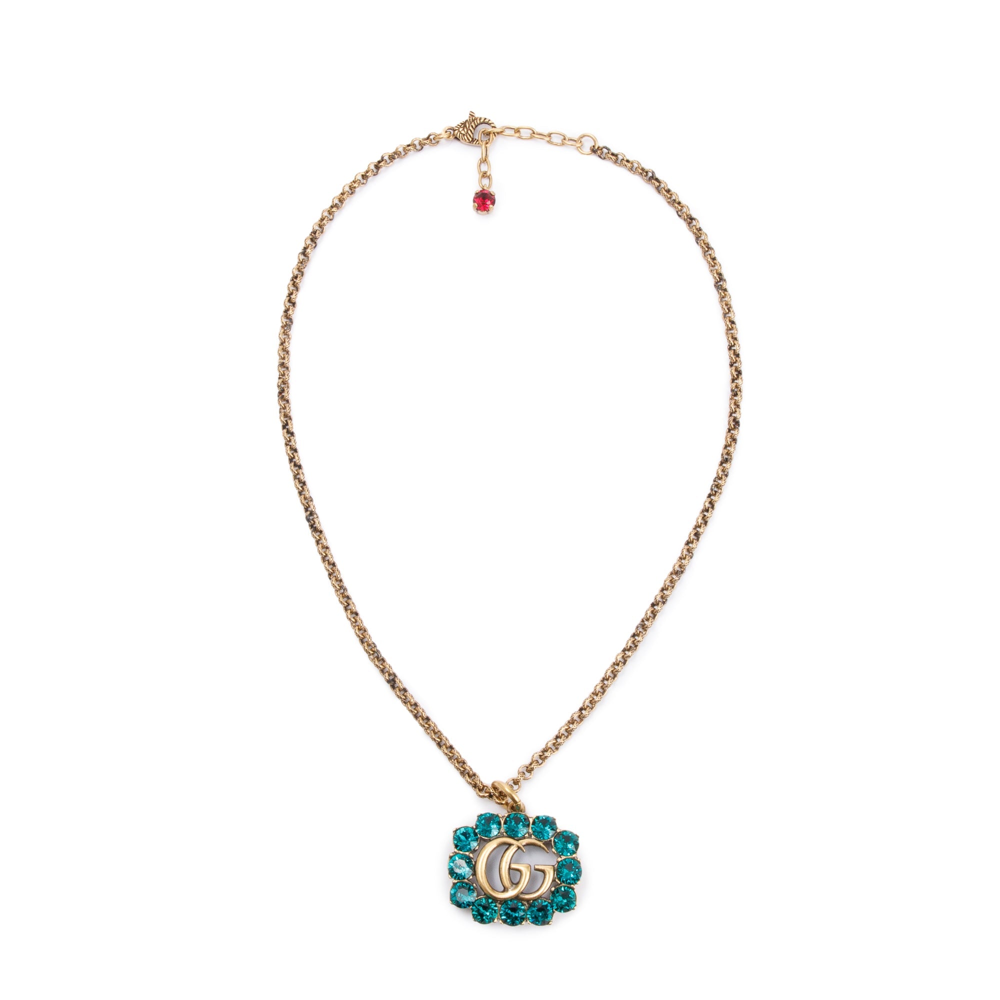 Gucci Gold-Tone Metal Green Crystal GG Pendant Necklace