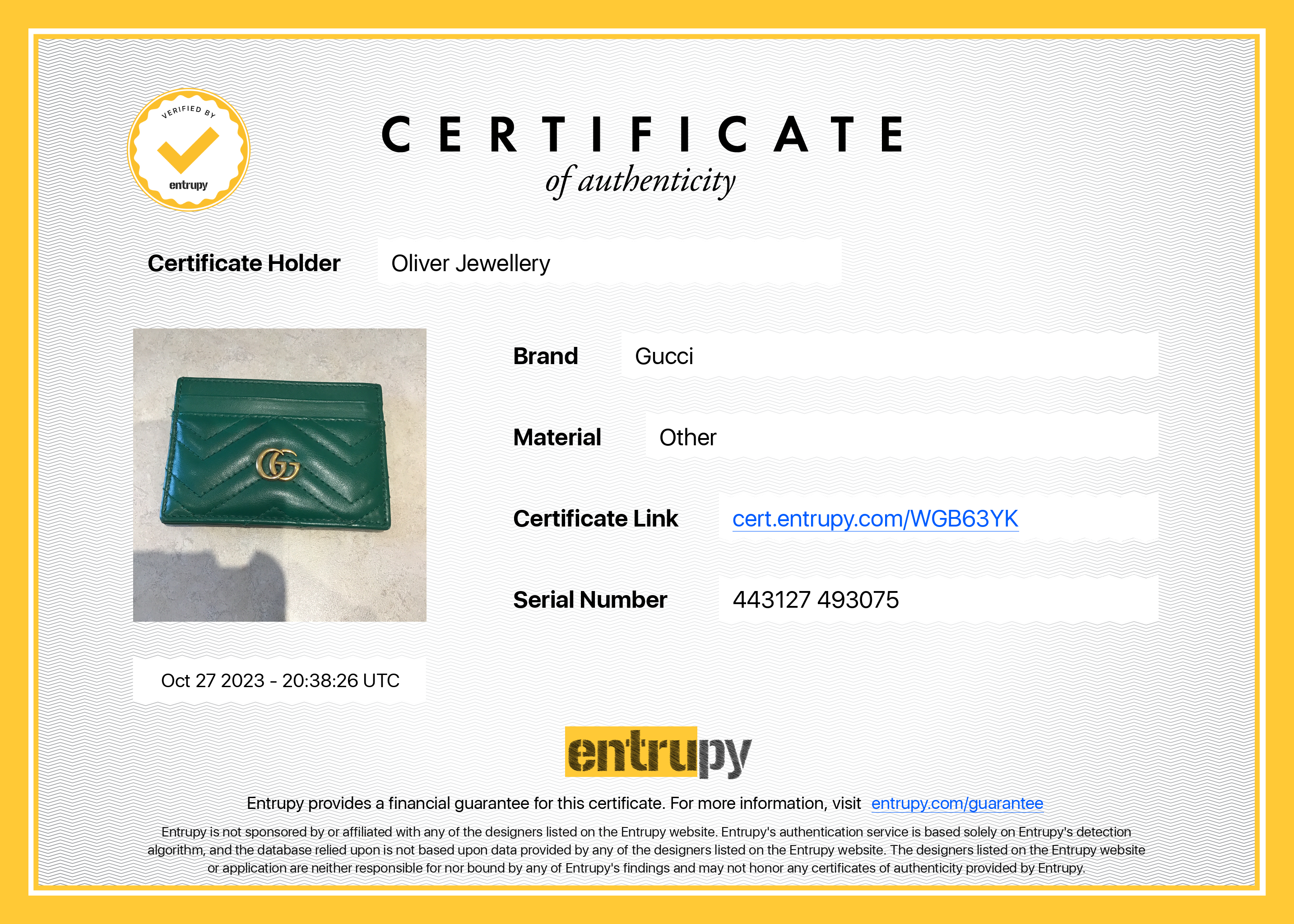 Gucci Green Calfskin Leather GG Marmont Card Holder w/ Box