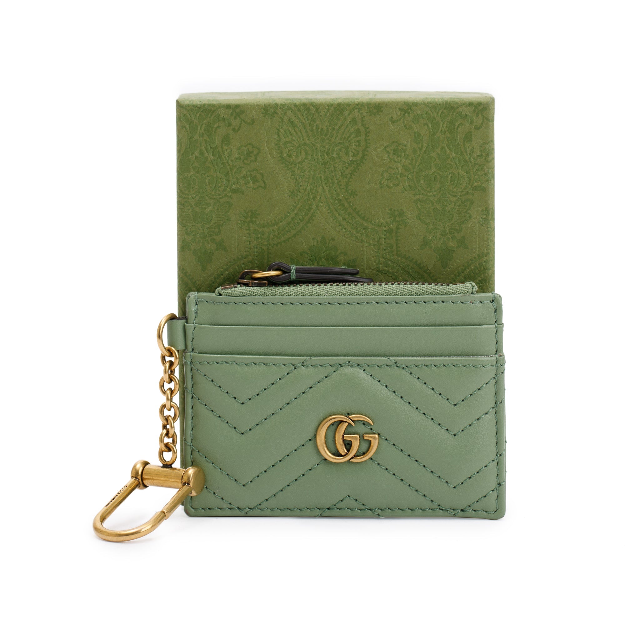 Gucci Green Calfskin Leather GG Marmont Keychain Wallet w/ Box