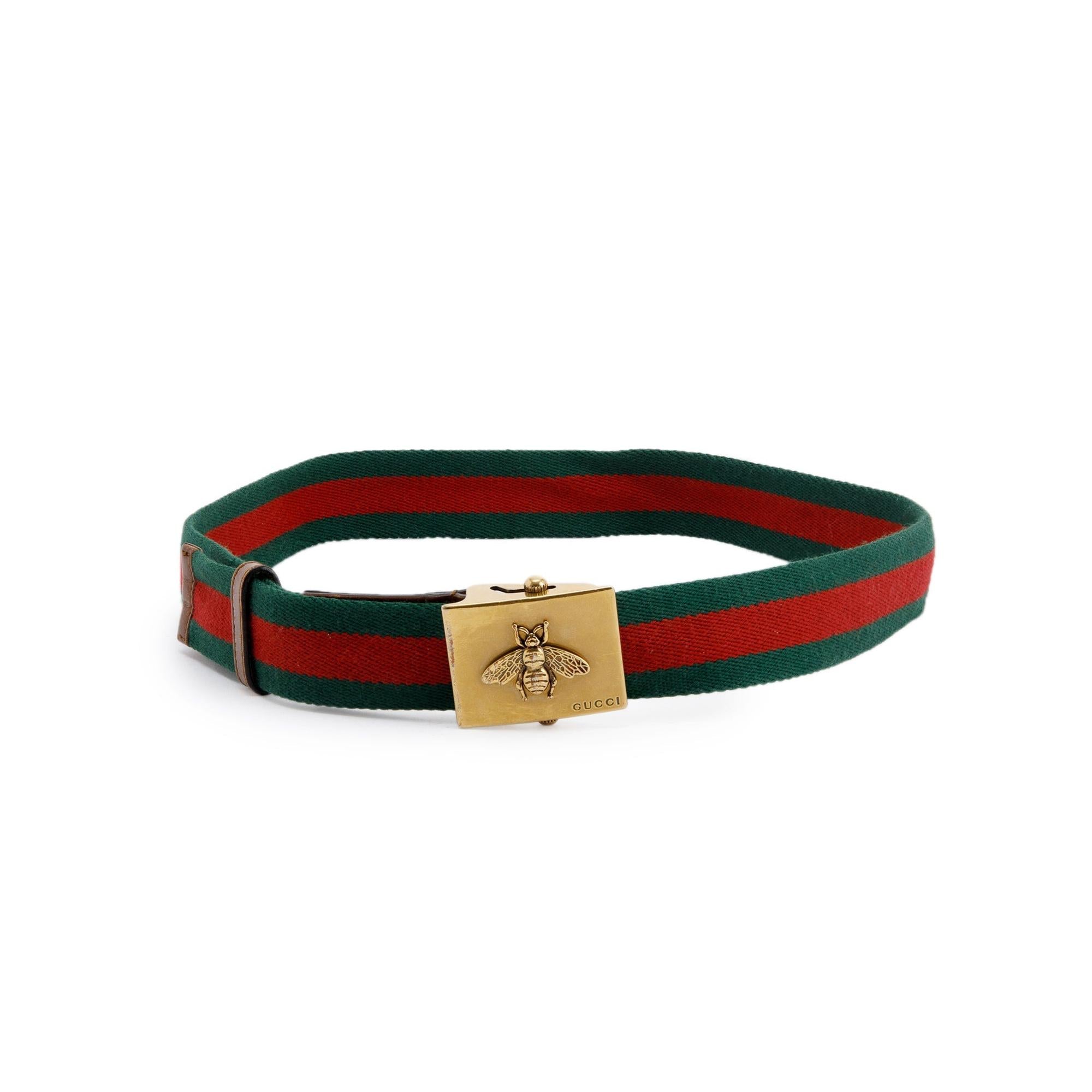 Gucci Green & Red Web Canvas & Brown Leather Belt with Rectangle Bee Buckle