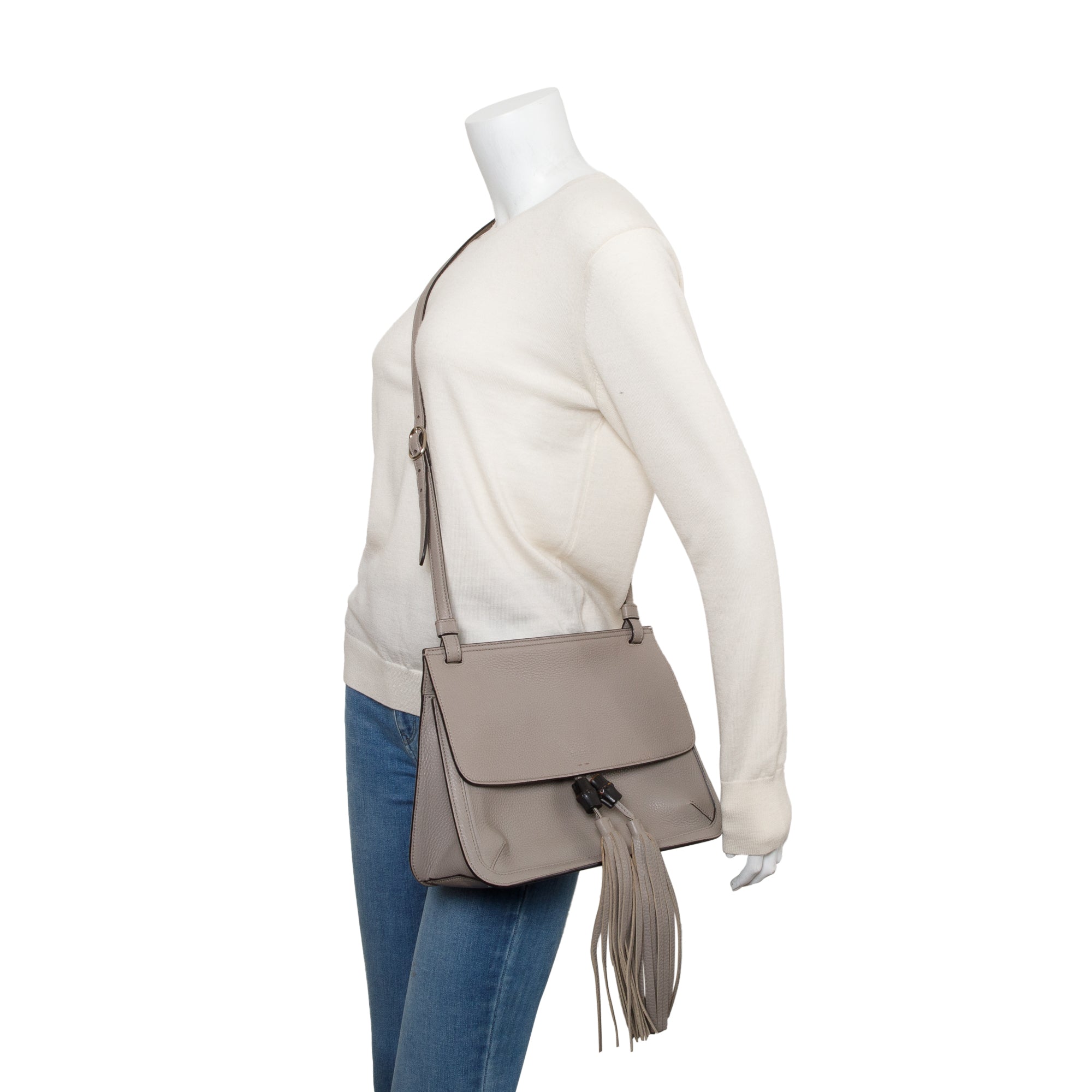 Gucci Grey Calfskin Leather Medium Bamboo Daily Crossbody Bag w/ Receipt