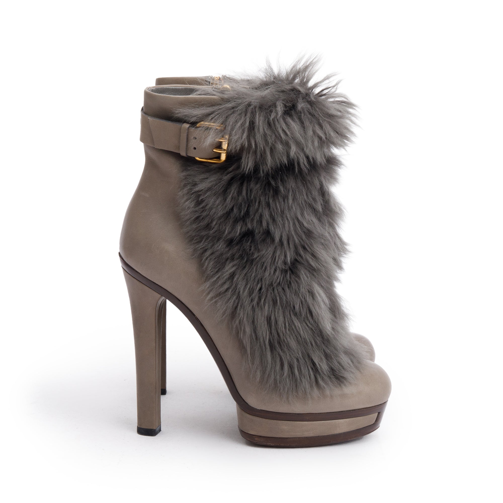 Gucci Grey Leather Alpaca Fur Alyona Platform Ankle Boots, Size 35.5