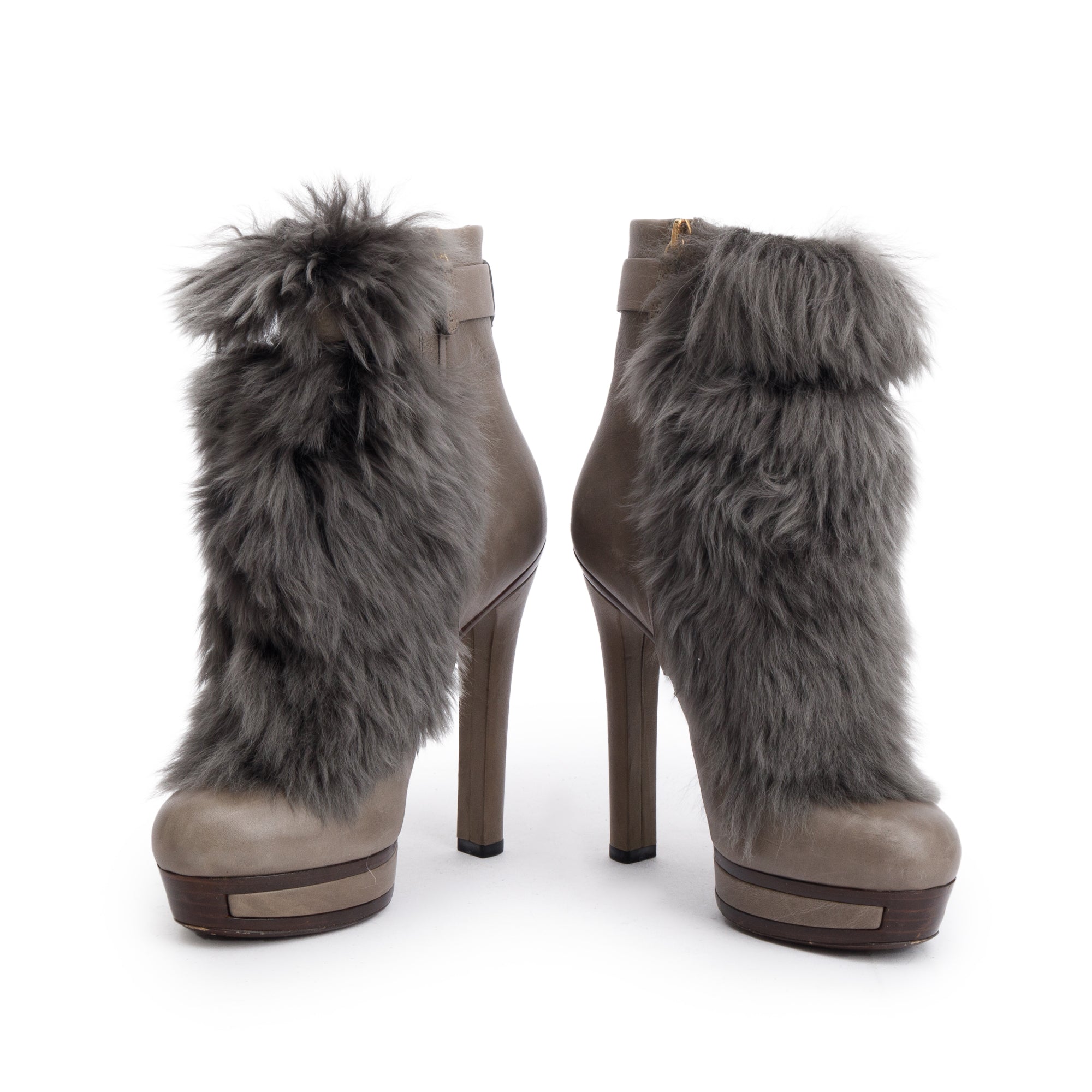 Gucci Grey Leather Alpaca Fur Alyona Platform Ankle Boots, Size 35.5