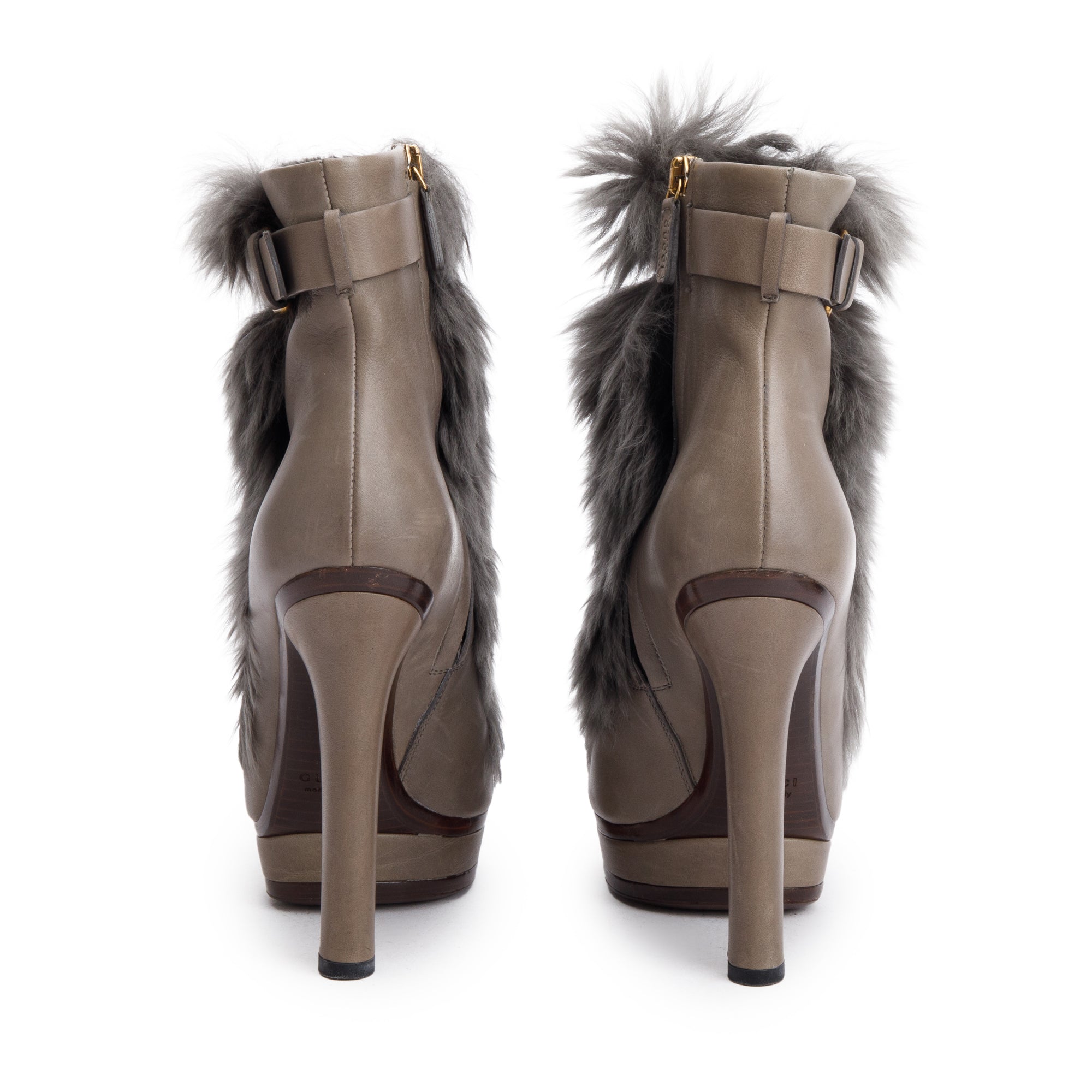 Gucci Grey Leather Alpaca Fur Alyona Platform Ankle Boots, Size 35.5