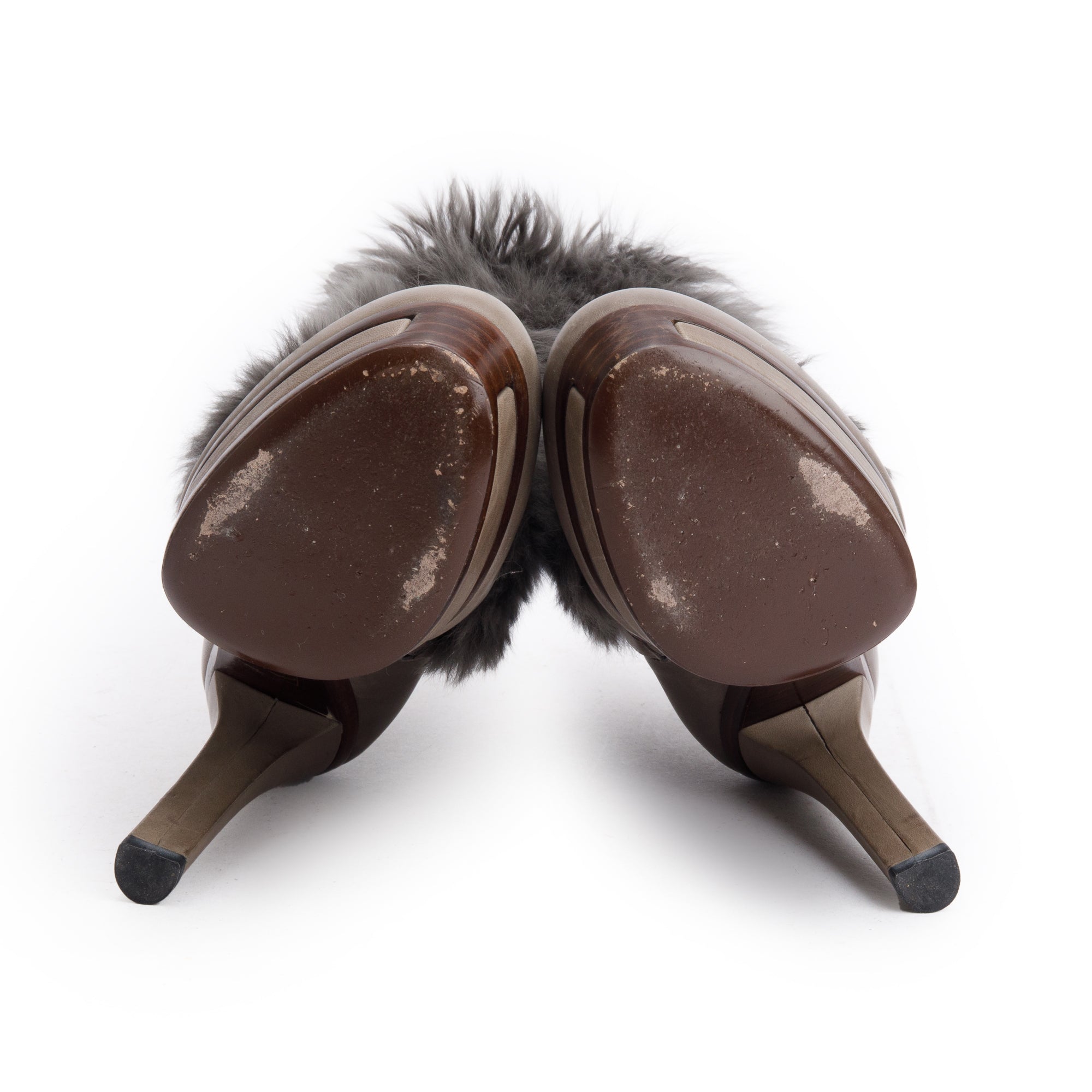 Gucci Grey Leather Alpaca Fur Alyona Platform Ankle Boots, Size 35.5