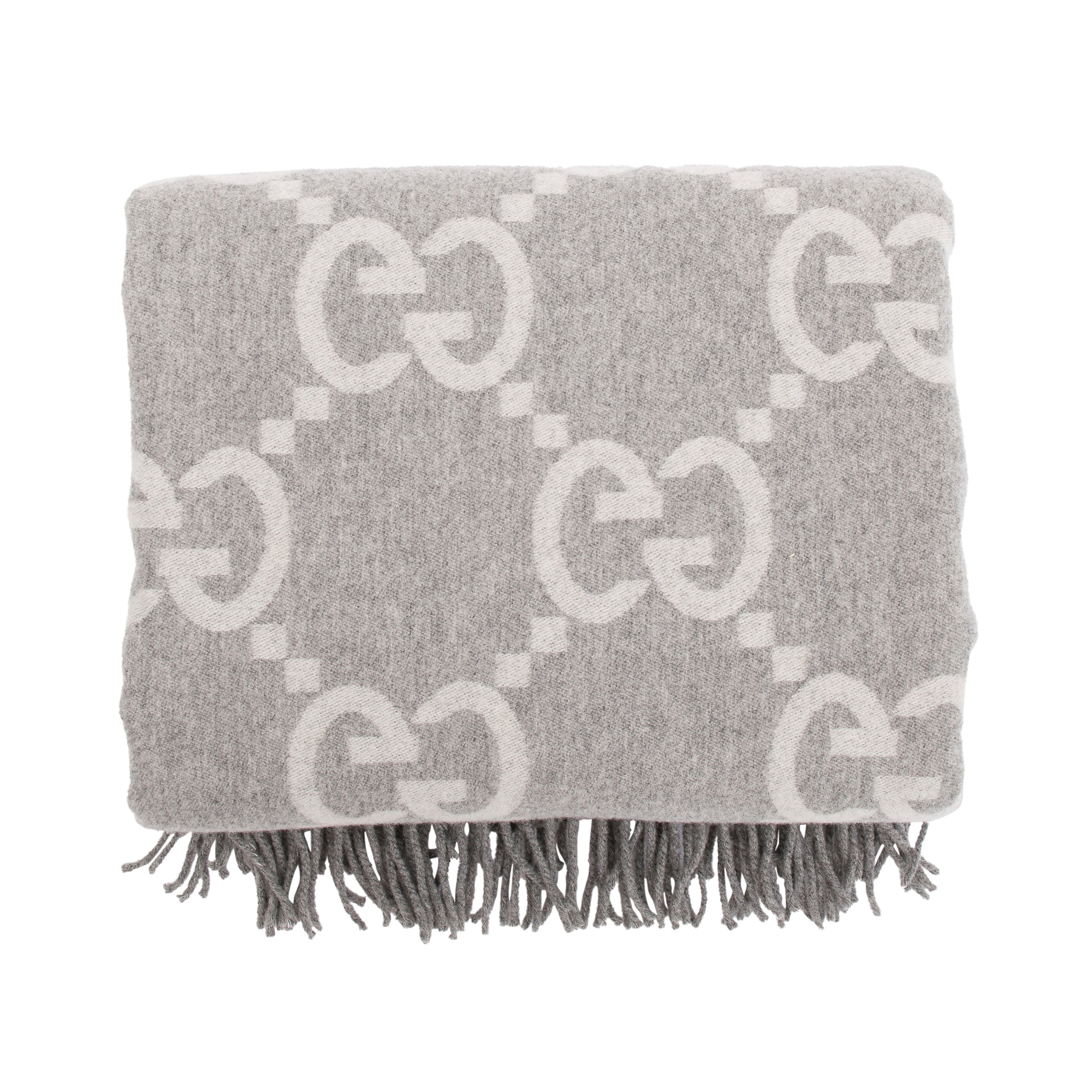 Gucci Grey Wool & Cashmere GG Pattern Throw Blanket w/ Box