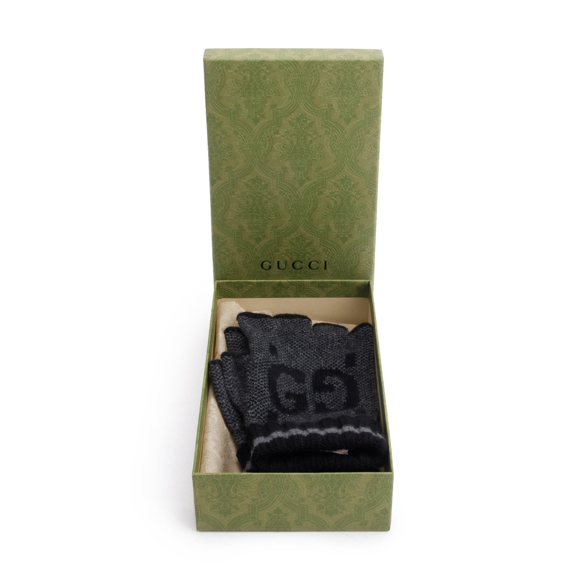 Gucci Grey/Black GG Cashmere Fingerless Gloves w/ Box