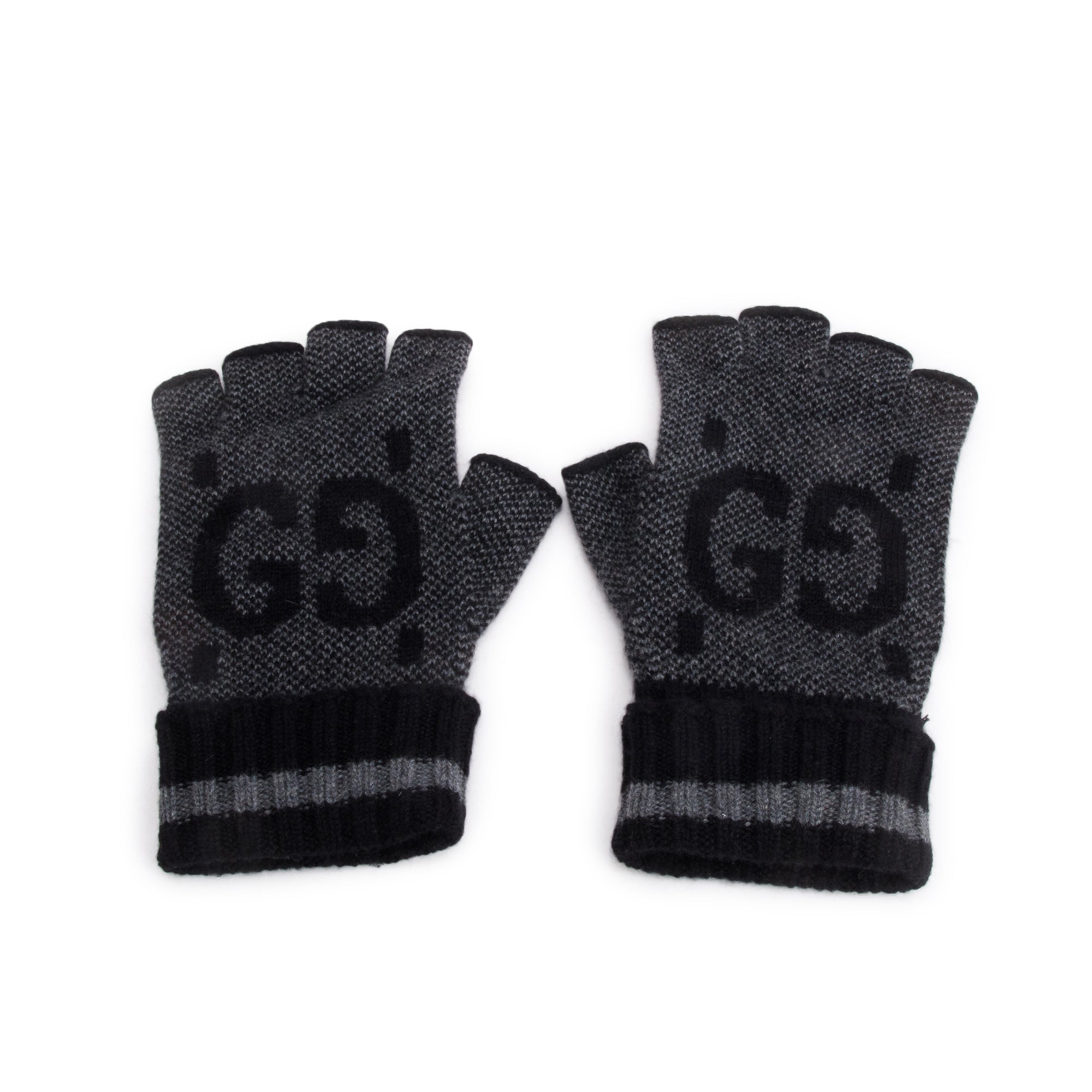 Gucci Grey/Black GG Cashmere Fingerless Gloves w/ Box
