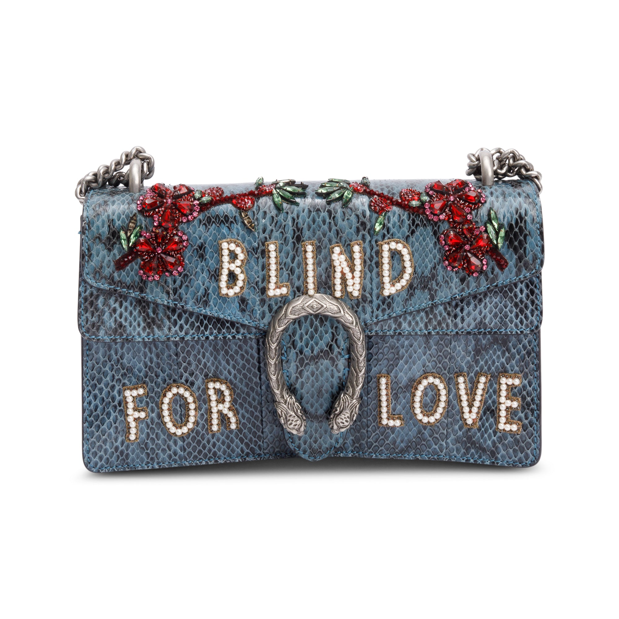 Gucci Marine Blue Python Faux Pearl and Crystal Embellished 'Blind For Love' Small Dionysus Shoulder Bag