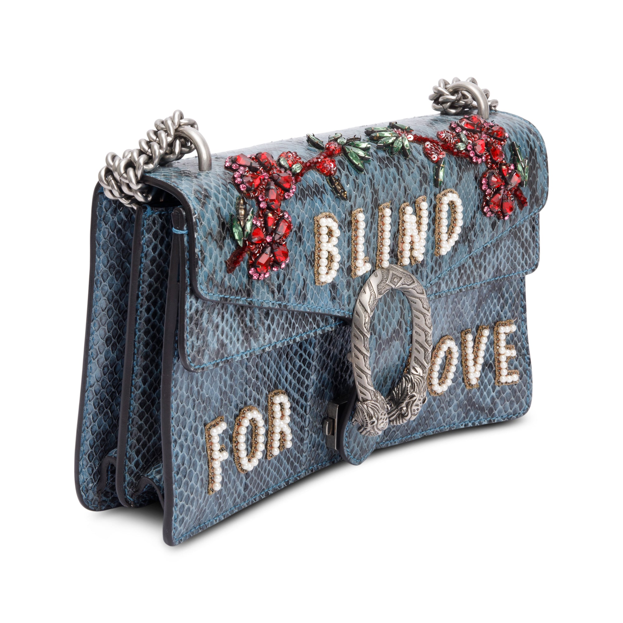 Gucci Marine Blue Python Faux Pearl and Crystal Embellished 'Blind For Love' Small Dionysus Shoulder Bag