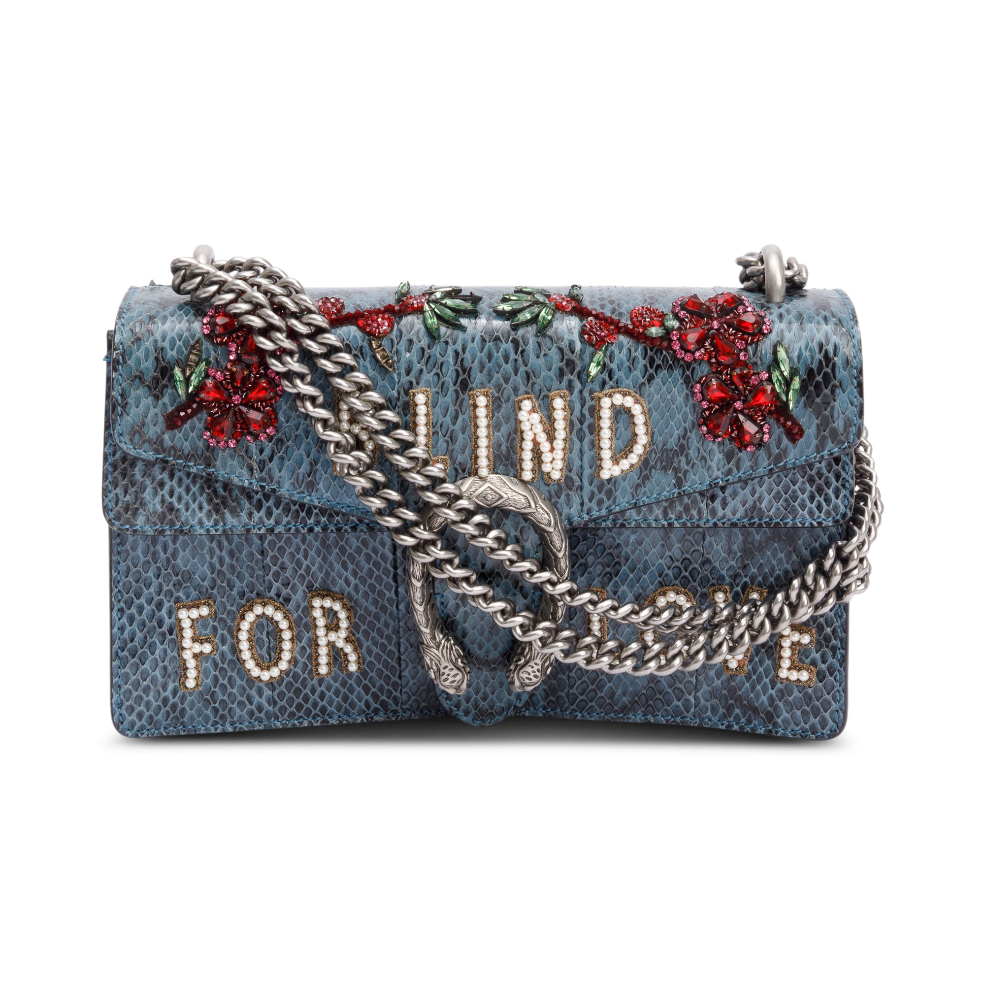 Gucci Marine Blue Python Faux Pearl and Crystal Embellished 'Blind For Love' Small Dionysus Shoulder Bag