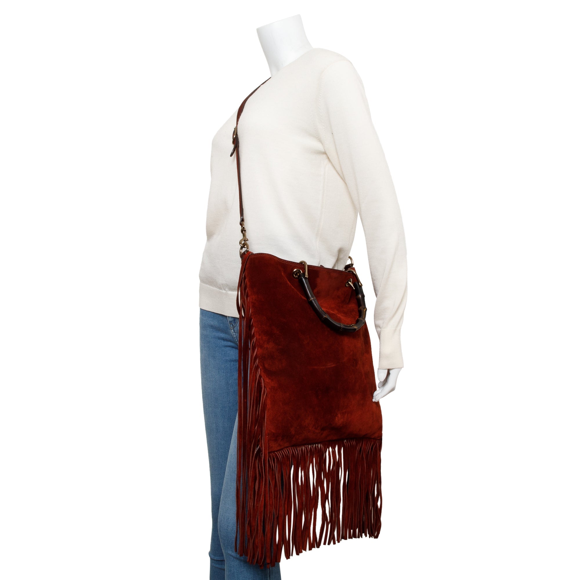 Gucci Maroon Suede Bamboo Fringe Shopper Tote w/ Strap