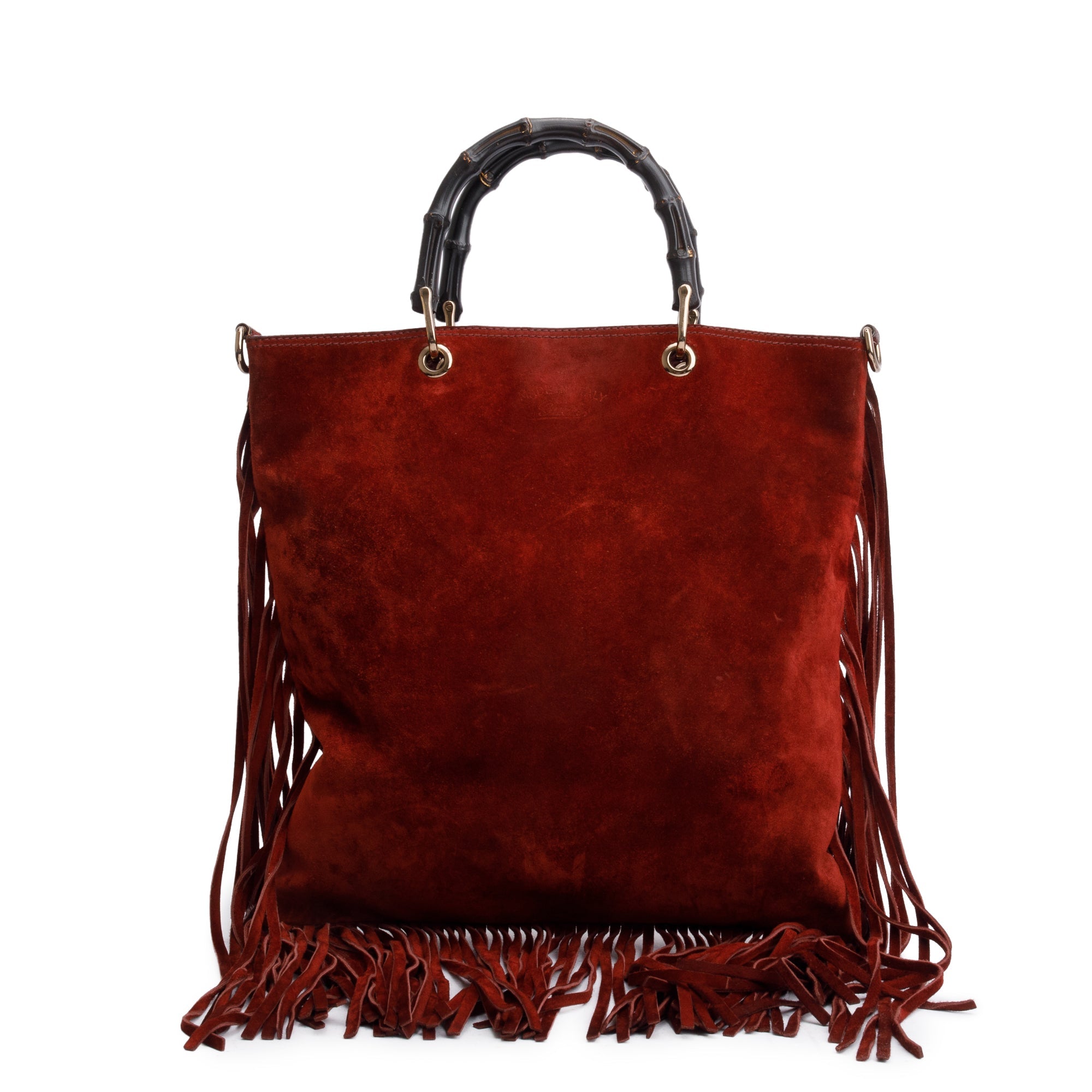 Gucci Maroon Suede Bamboo Fringe Shopper Tote w/ Strap