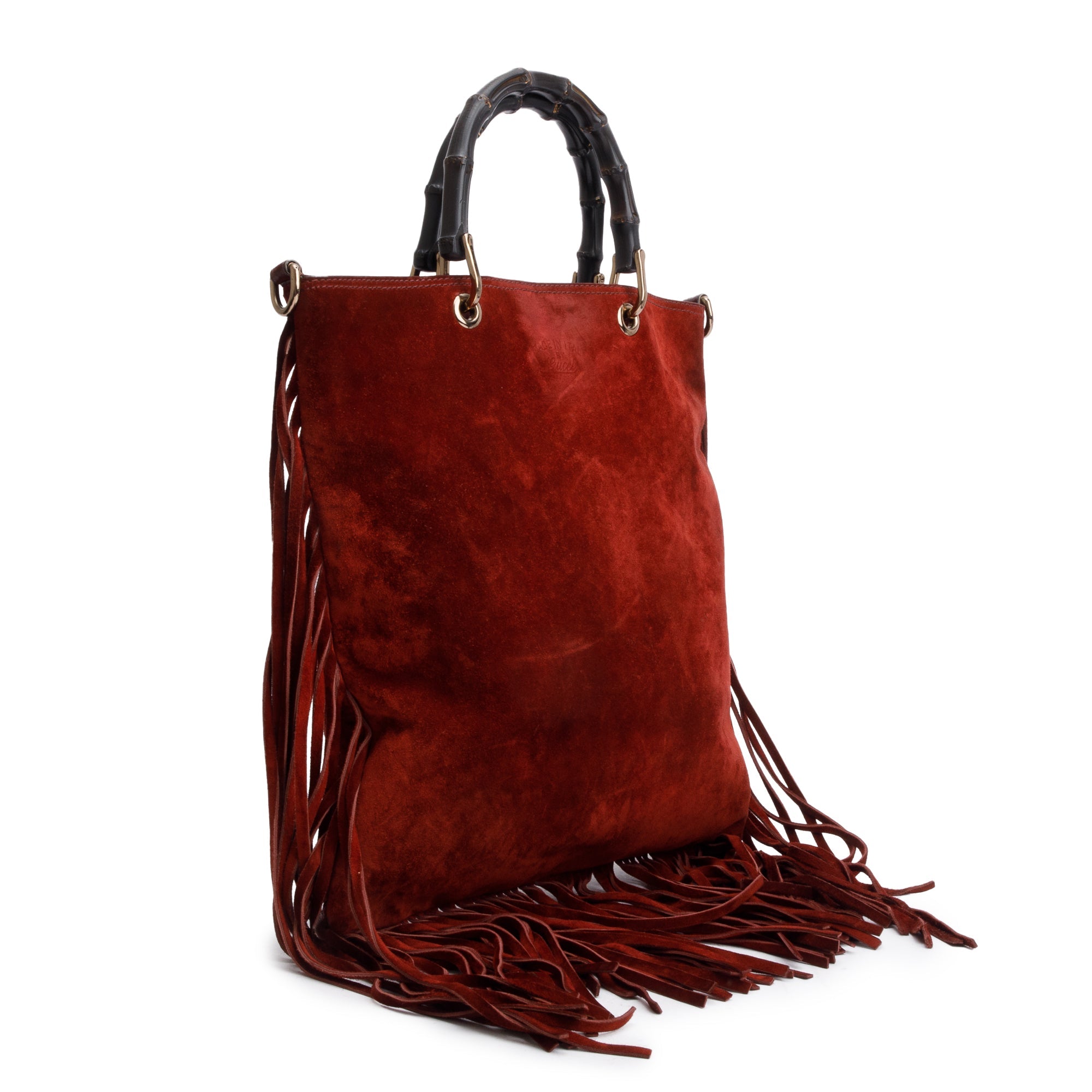 Gucci Maroon Suede Bamboo Fringe Shopper Tote w/ Strap