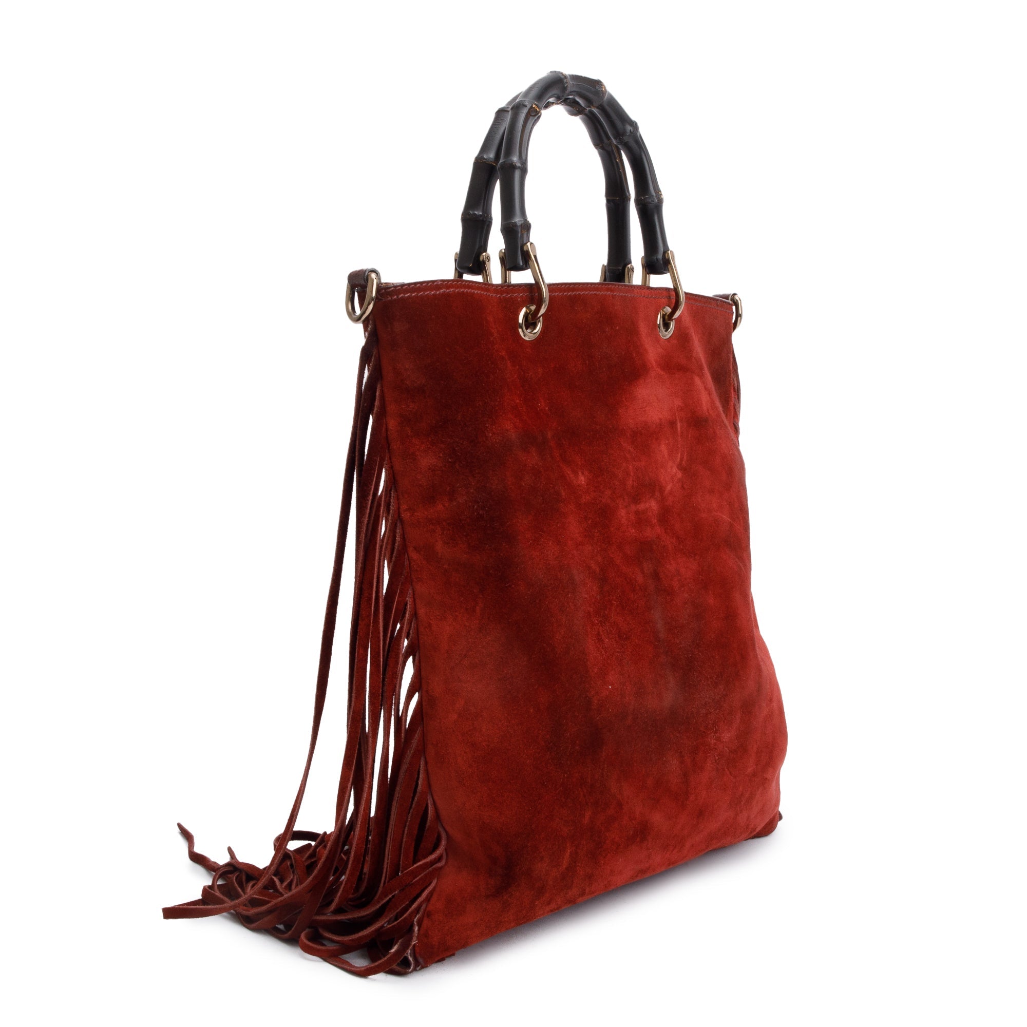 Gucci Maroon Suede Bamboo Fringe Shopper Tote w/ Strap