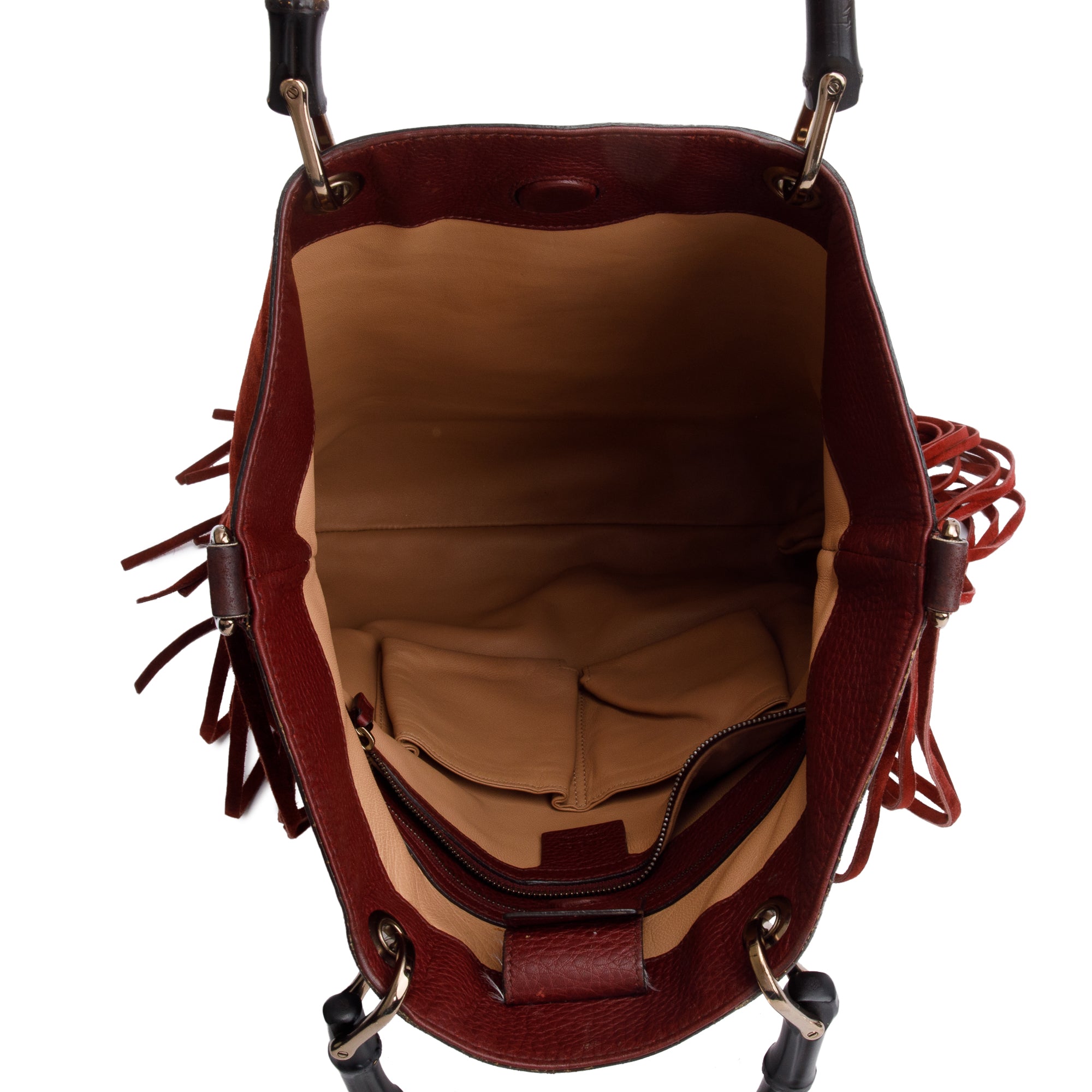 Gucci Maroon Suede Bamboo Fringe Shopper Tote w/ Strap