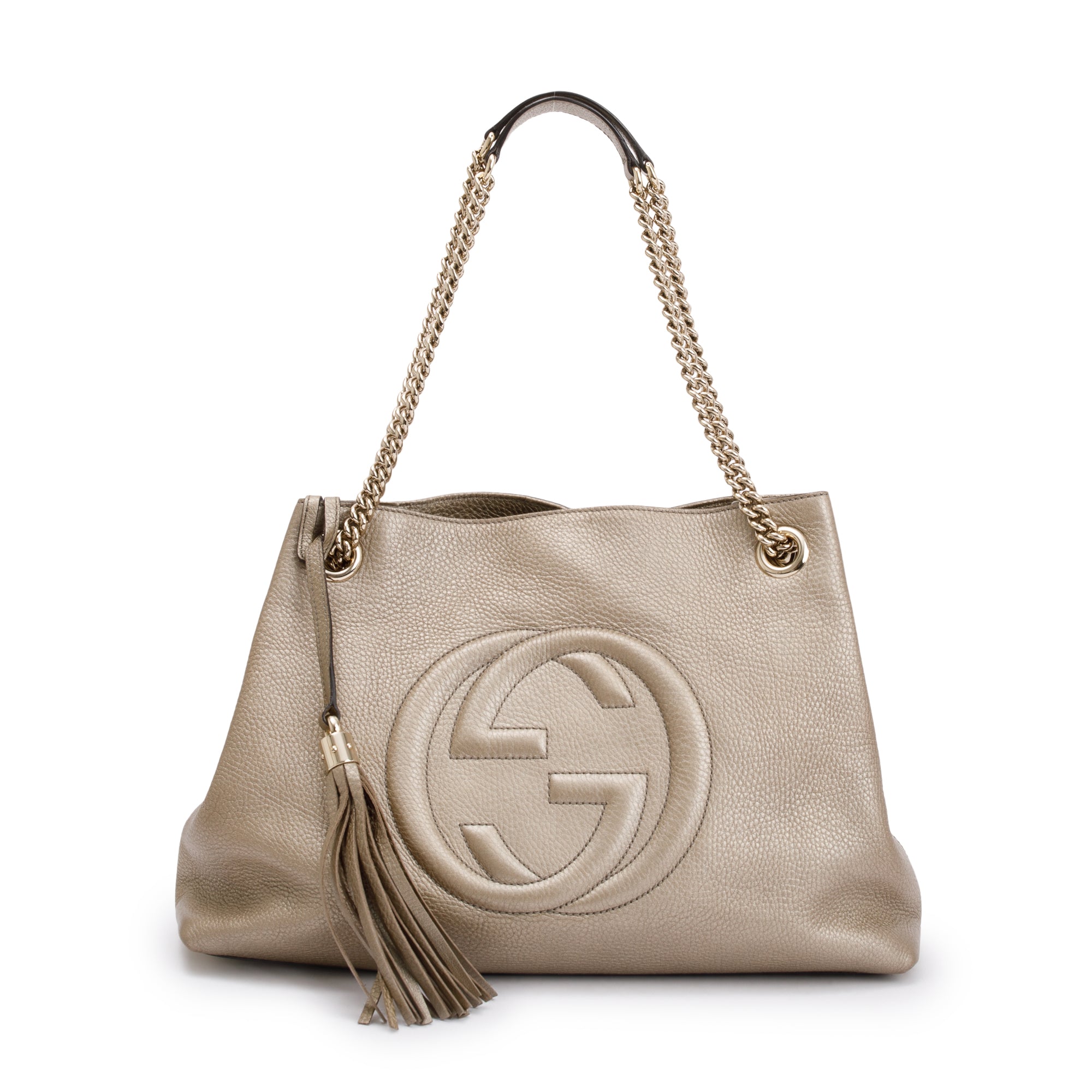 Gucci Metallic Gold Pebbled Calfksin Leather Medium Soho Chain Tote