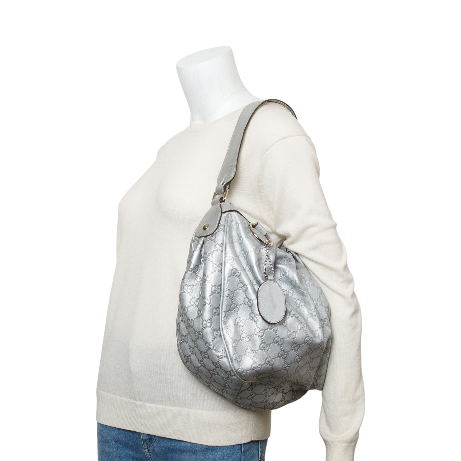 Gucci Metallic Silver GG Signature Leather Medium Sukey Hobo
