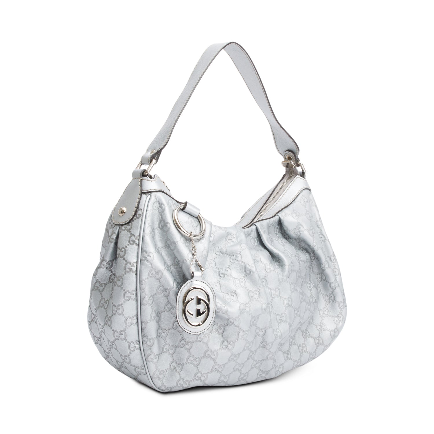 Gucci Metallic Silver GG Signature Leather Medium Sukey Hobo