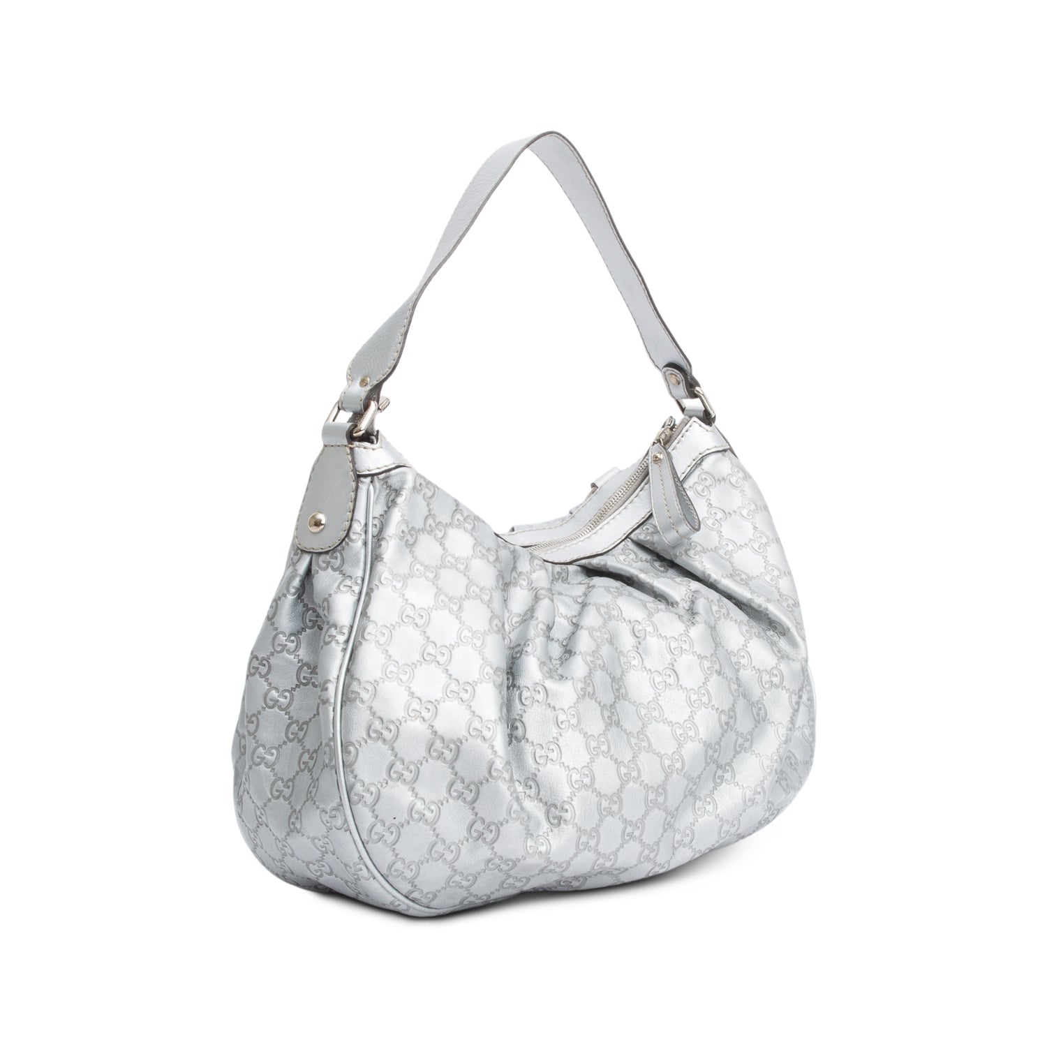 Gucci Metallic Silver GG Signature Leather Medium Sukey Hobo
