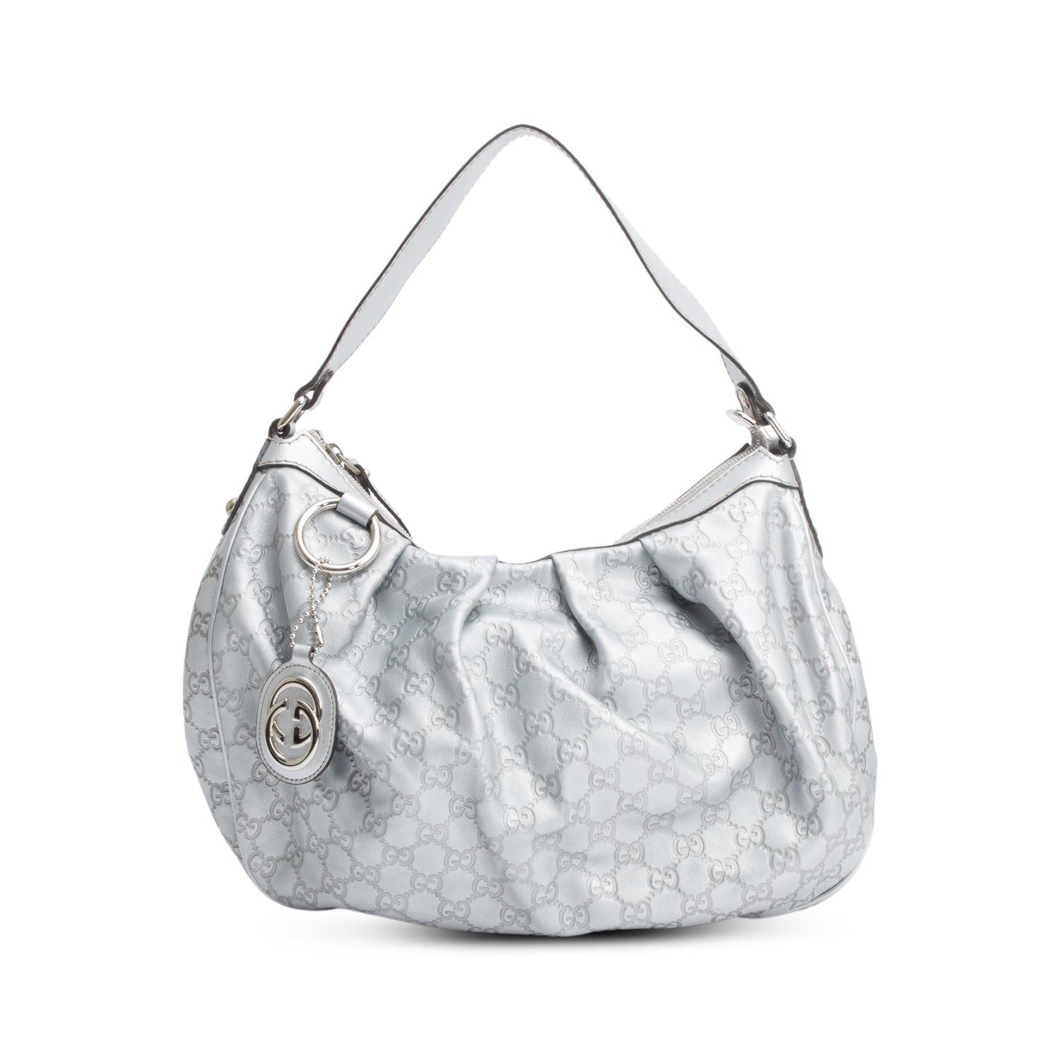 Gucci Metallic Silver GG Signature Leather Medium Sukey Hobo
