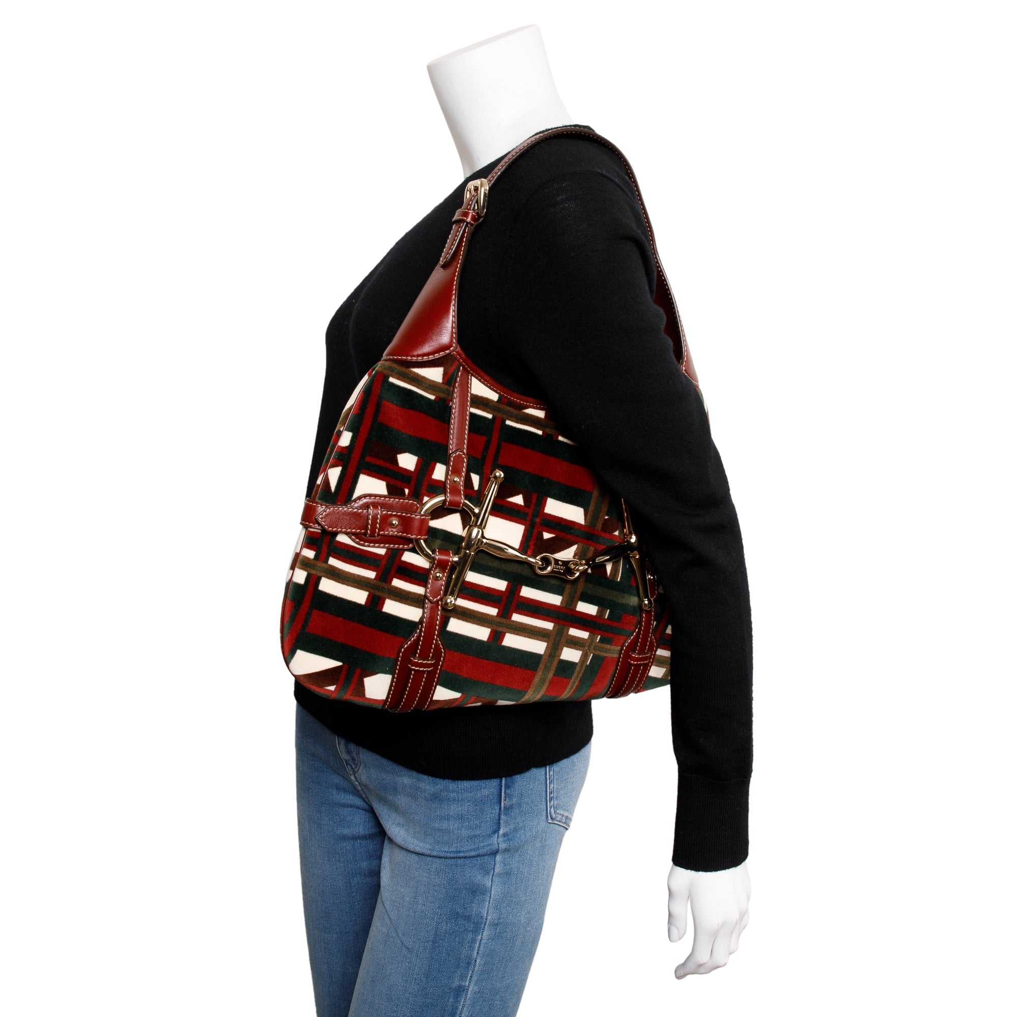 Gucci Multicolour Velvet Burgundy Leather 85th Anniversary Horsebit Hobo