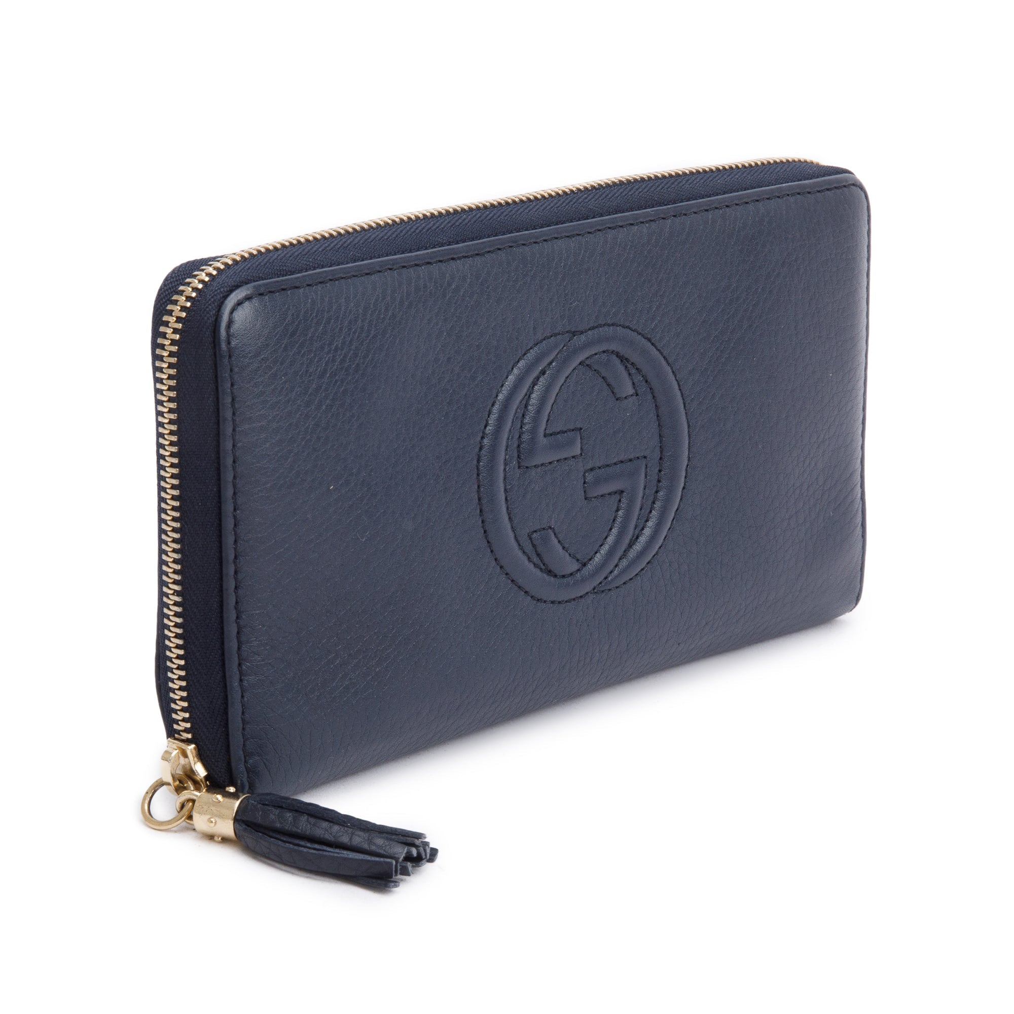 Gucci Navy Leather Soho GG Logo Continental Zip Around Wallet