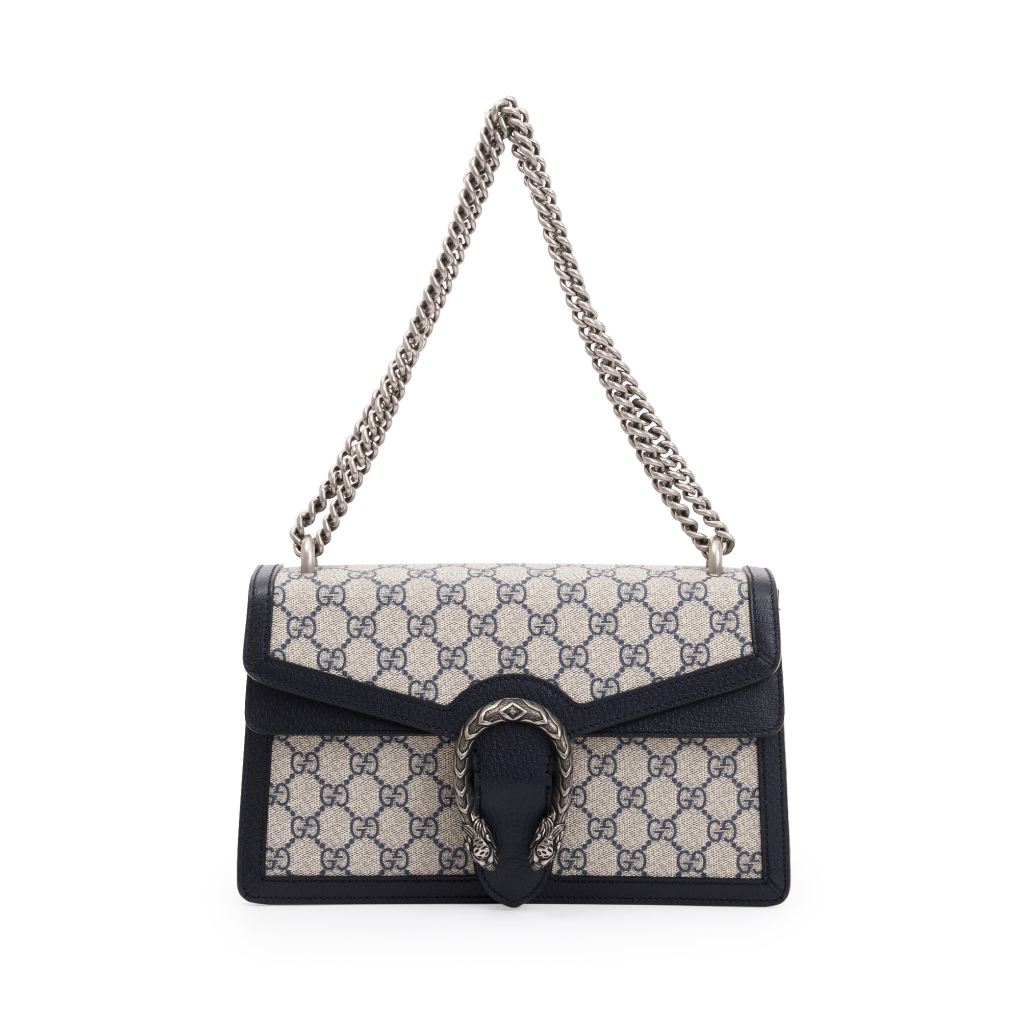 Gucci Navy Leather Trimmed GG Supreme Dionysus Small Shoulder Bag