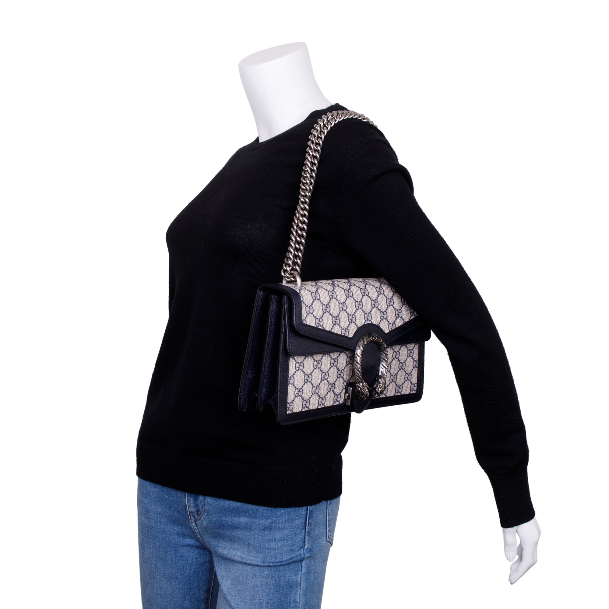 Gucci Navy Leather Trimmed GG Supreme Dionysus Small Shoulder Bag
