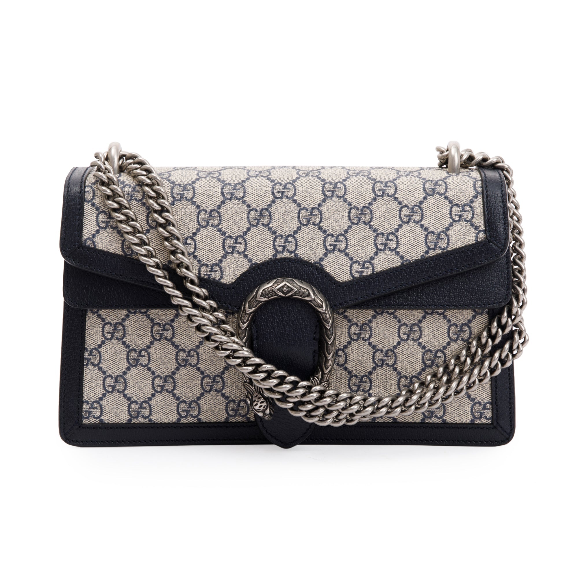 Gucci Navy Leather Trimmed GG Supreme Dionysus Small Shoulder Bag