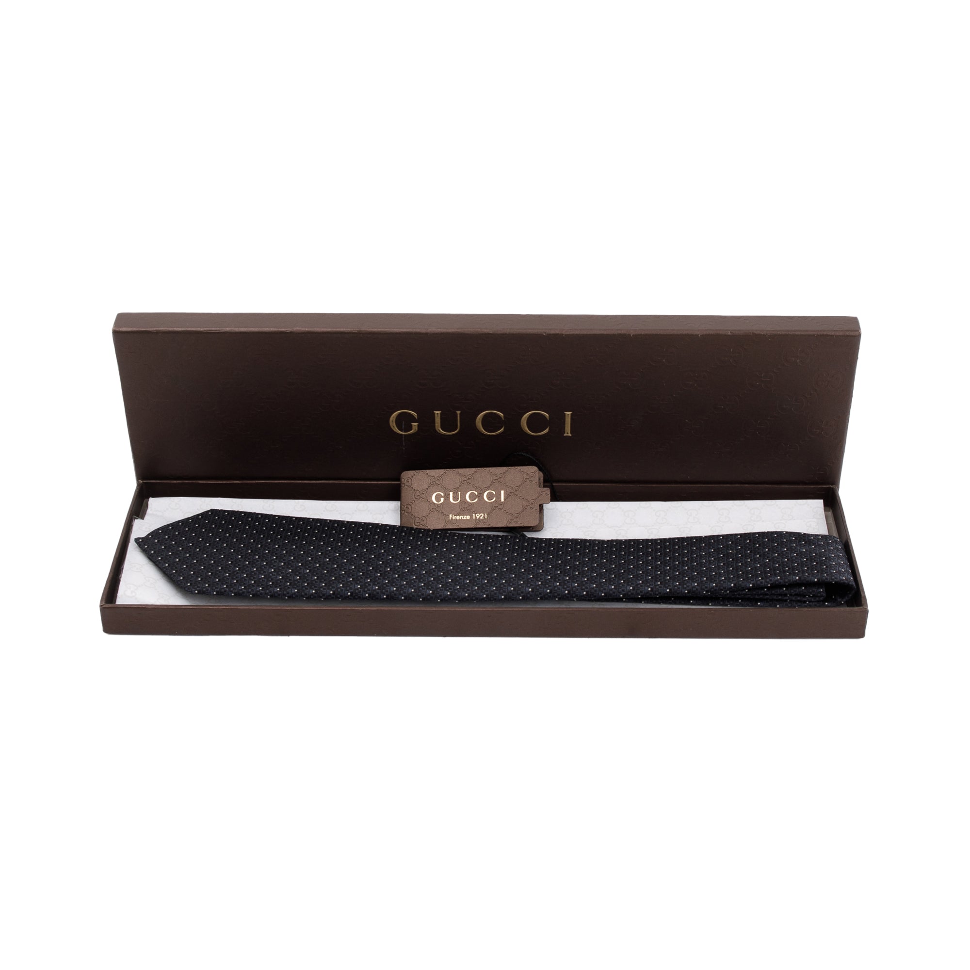 Gucci Navy Printed Pattern Silk Tie w/ Box