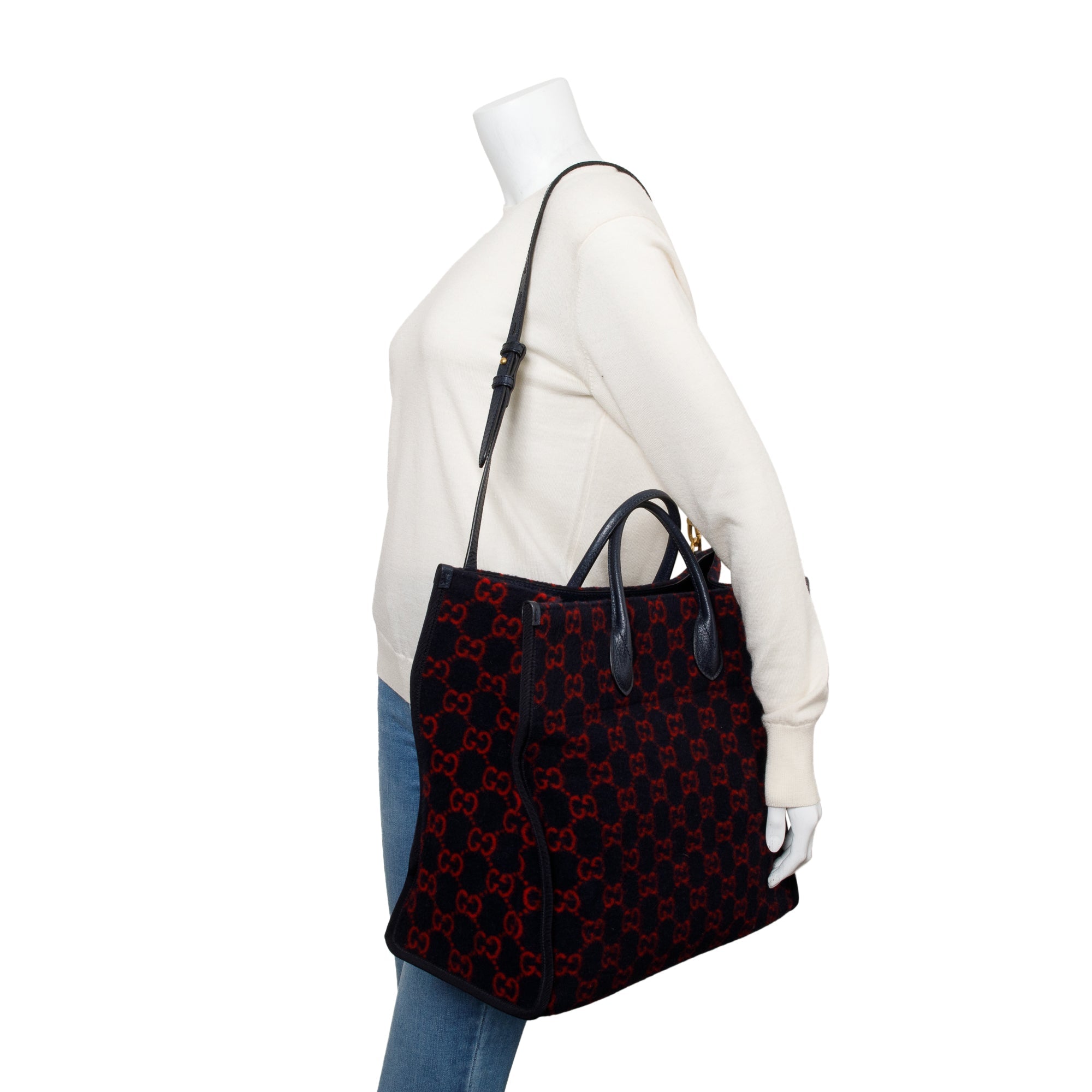 Gucci Navy/Red GG Wool Shopper Tote w/ Strap