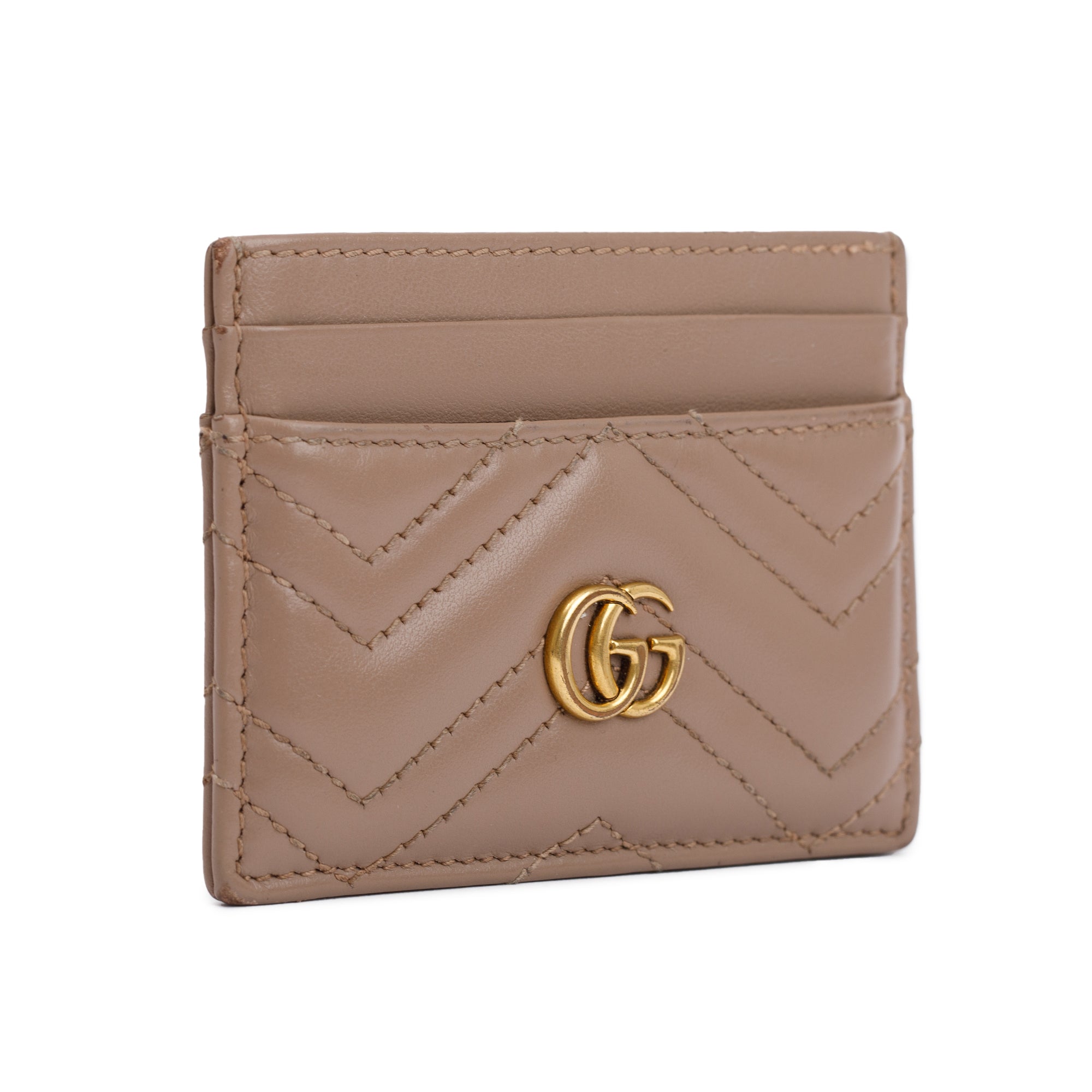 Gucci Neutral Calfskin Leather GG Marmont Card Holder w/ Box