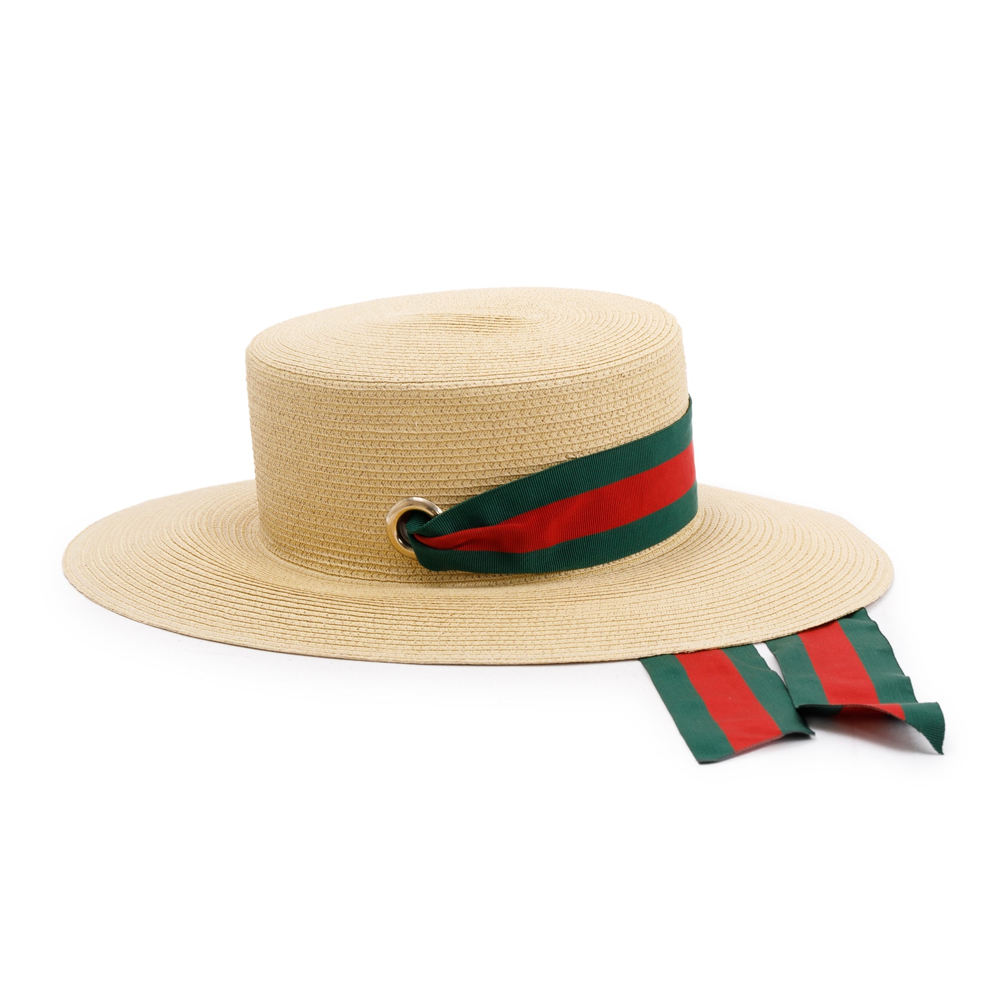 Gucci Neutral Lame Woven Paper Hat with Green & Red Web Grosgrain Ribbon, Size M 57 w/ Box