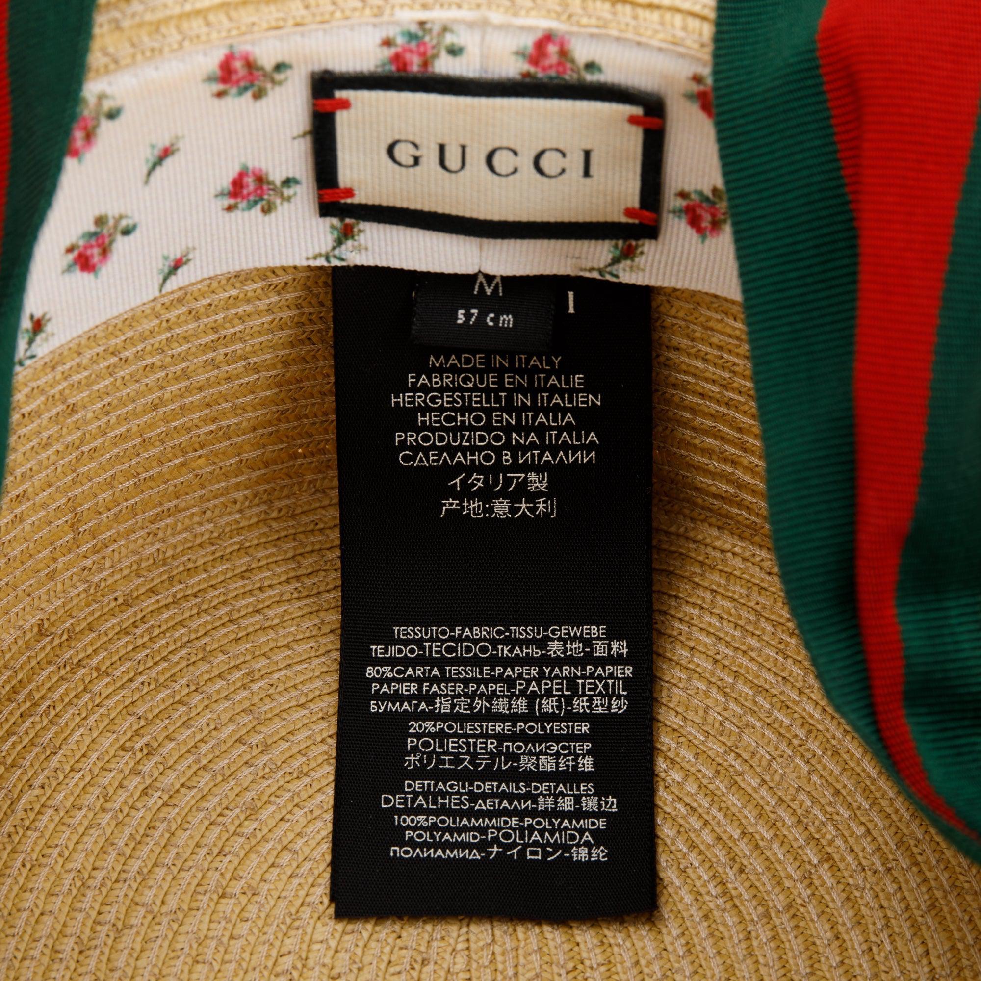 Gucci Neutral Lame Woven Paper Hat with Green & Red Web Grosgrain Ribbon, Size M 57 w/ Box