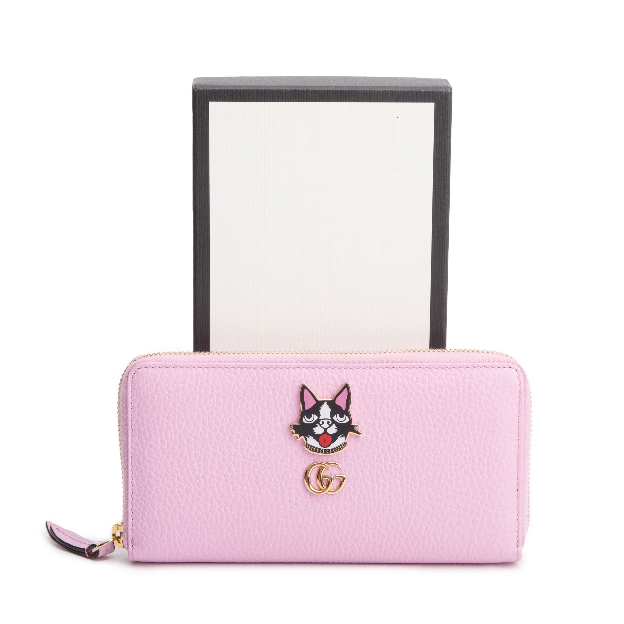 Gucci Pink Calfskin Leather Dollar GG Marmont Bosco Zip Around Wallet w/ Box & Receipt