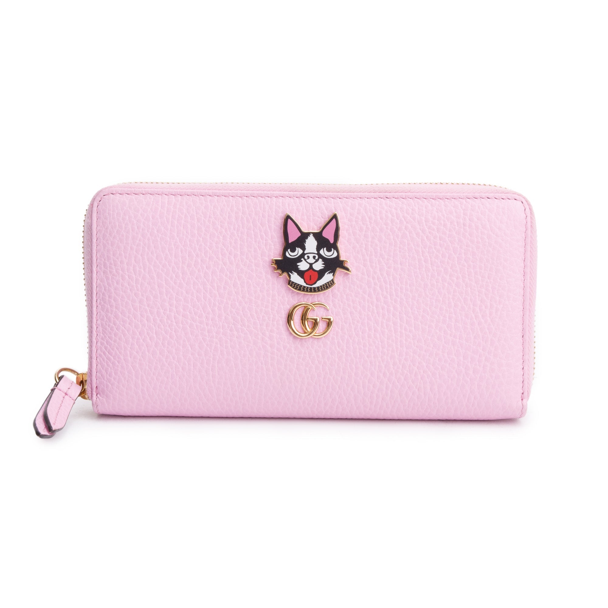 Gucci Pink Calfskin Leather Dollar GG Marmont Bosco Zip Around Wallet w/ Box & Receipt