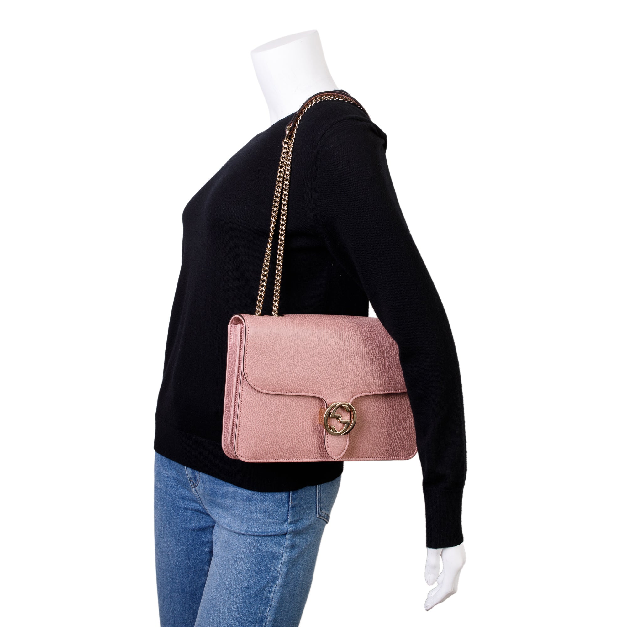 Gucci Pink Calfskin Leather Medium Dollar Interlocking GG Shoulder Bag w/ Box