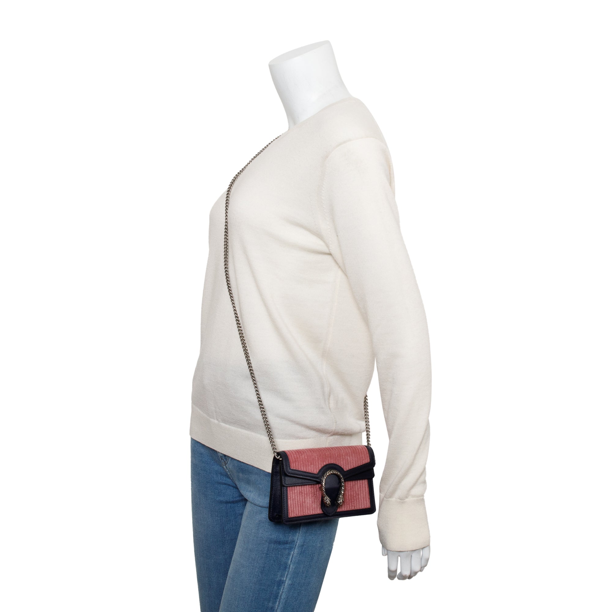 Gucci Pink Corduroy Navy Leather Dionysus Super Mini Bag w/ Box