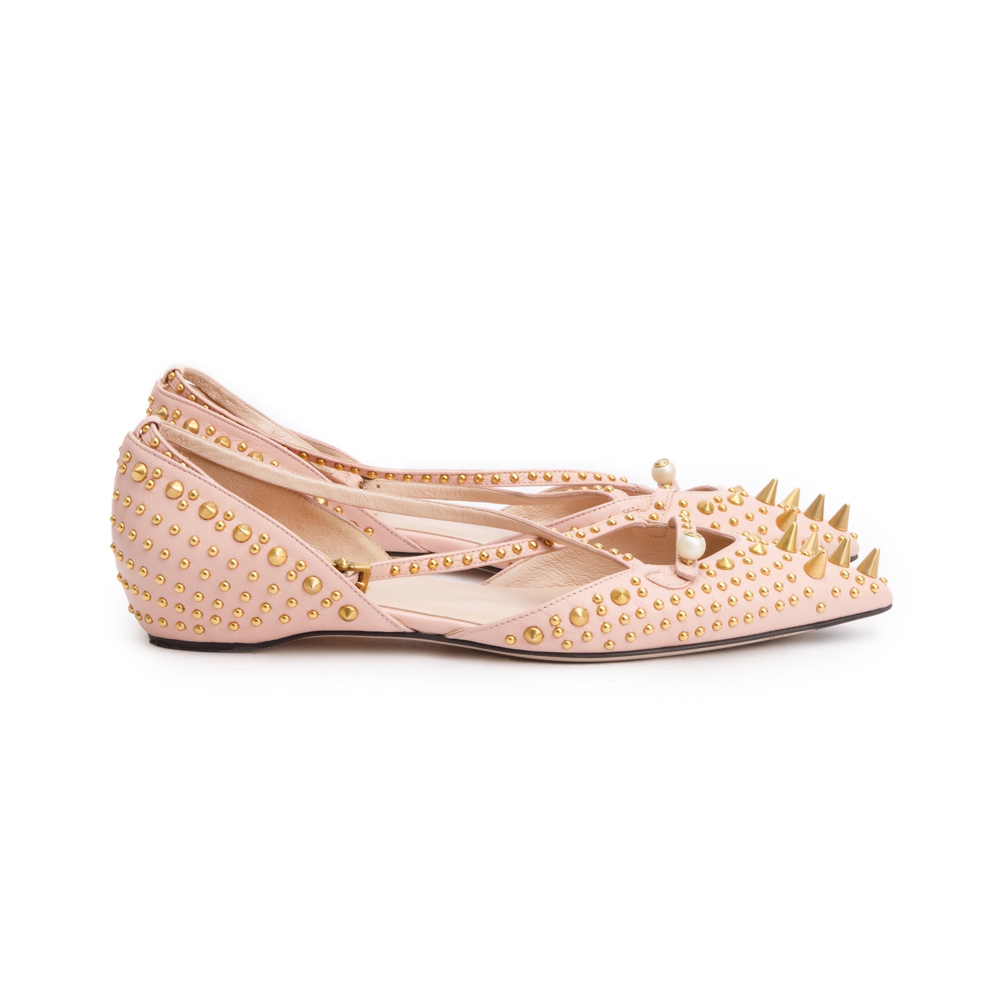 Gucci Pink Leather Faux Pearl Studded Accent Flats, Size 36