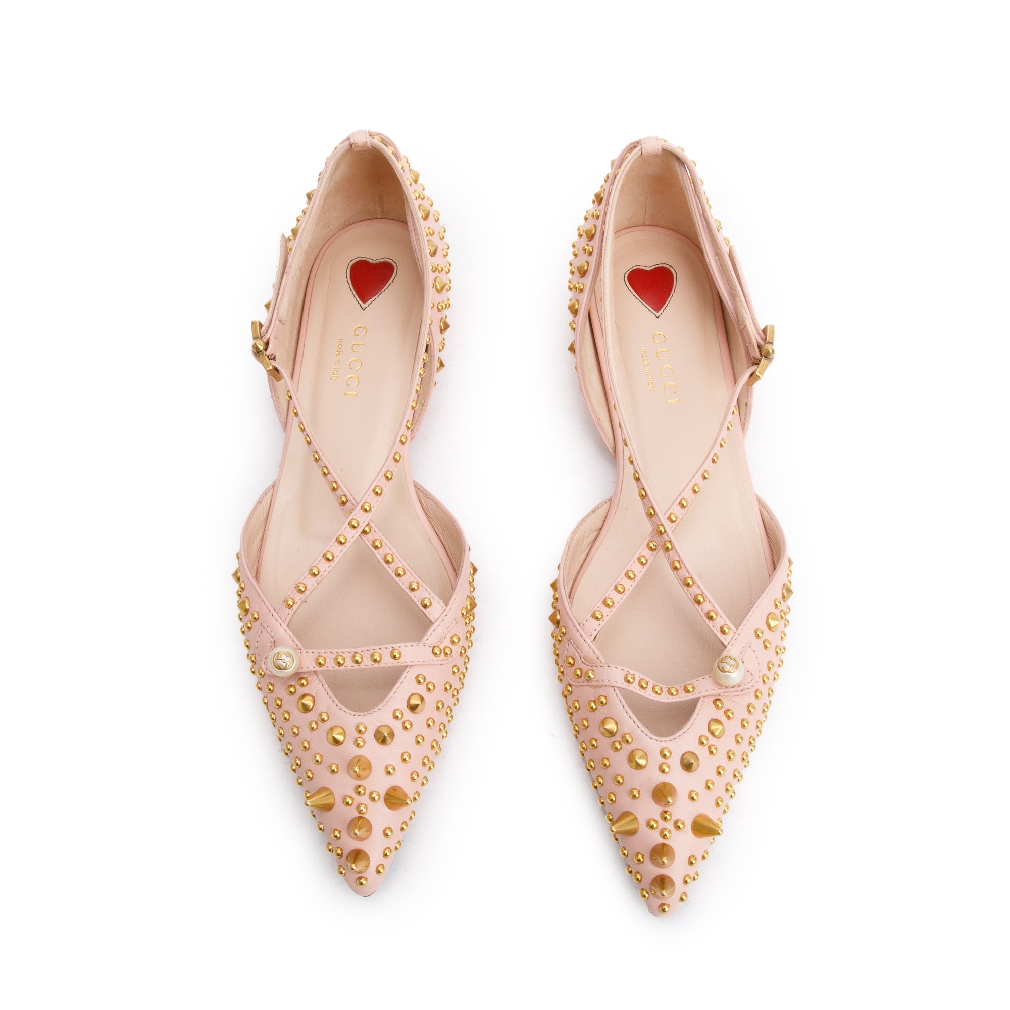 Gucci Pink Leather Faux Pearl Studded Accent Flats, Size 36