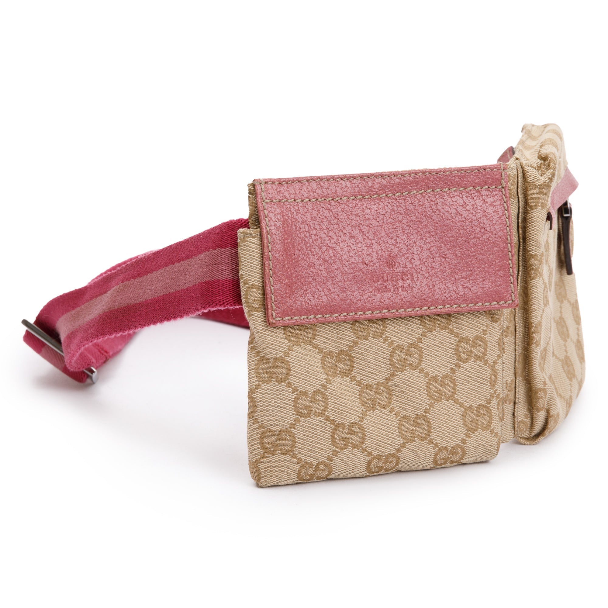 Gucci Pink Leather GG Canvas Web Double Pocket Small Belt Bag
